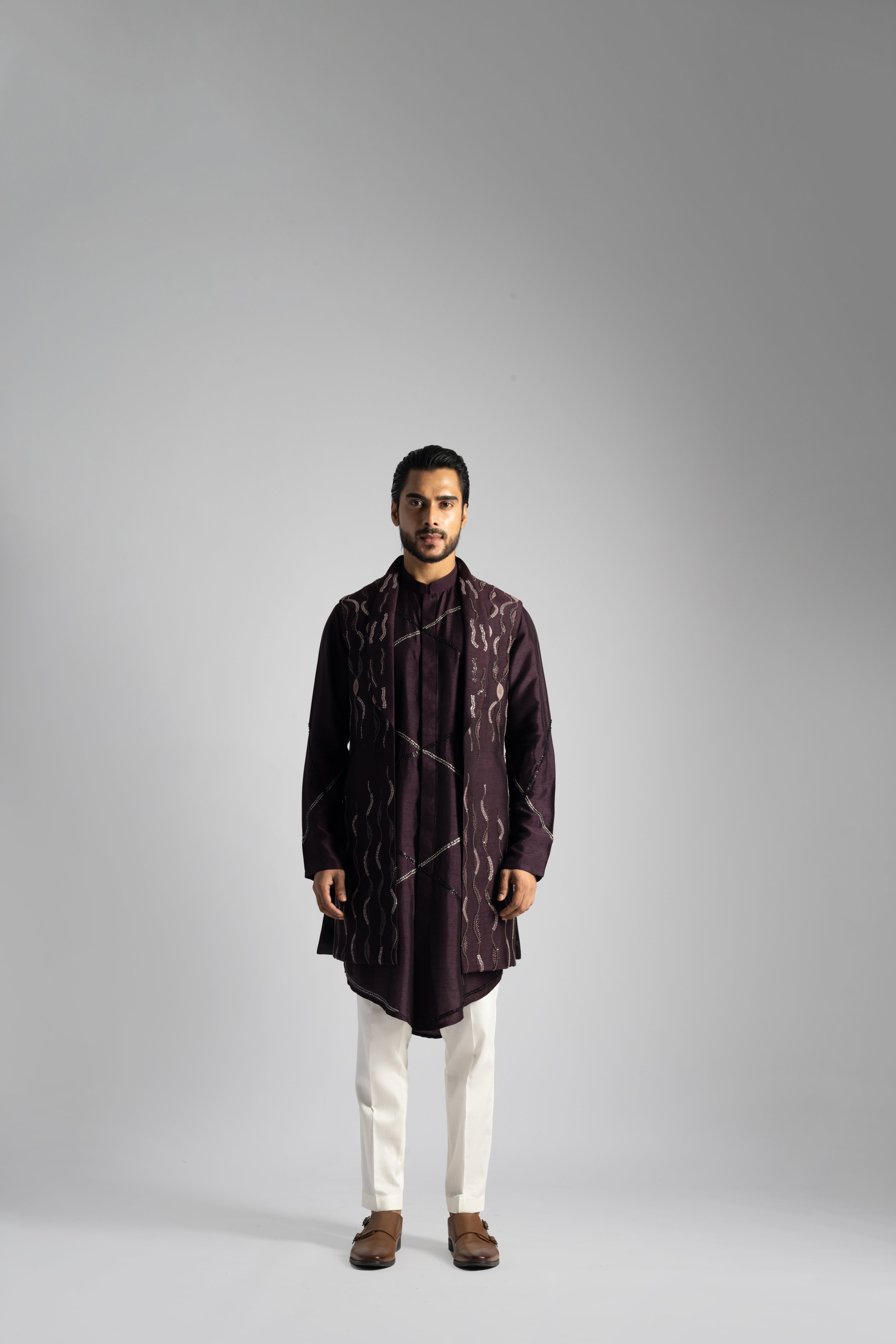 PLUM THREADWORK EMBROIDERED LONG NEHRU KURTA SET