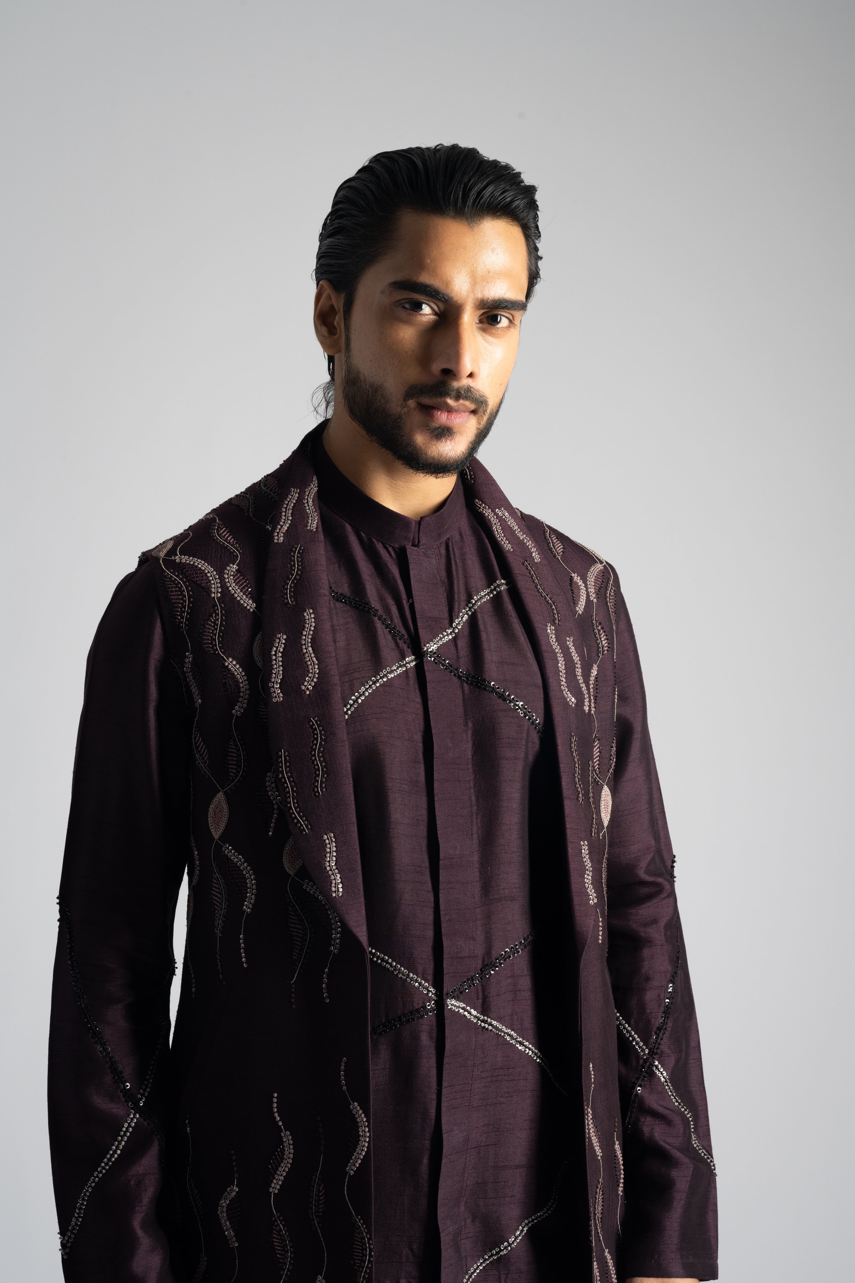 PLUM THREADWORK EMBROIDERED LONG NEHRU KURTA SET