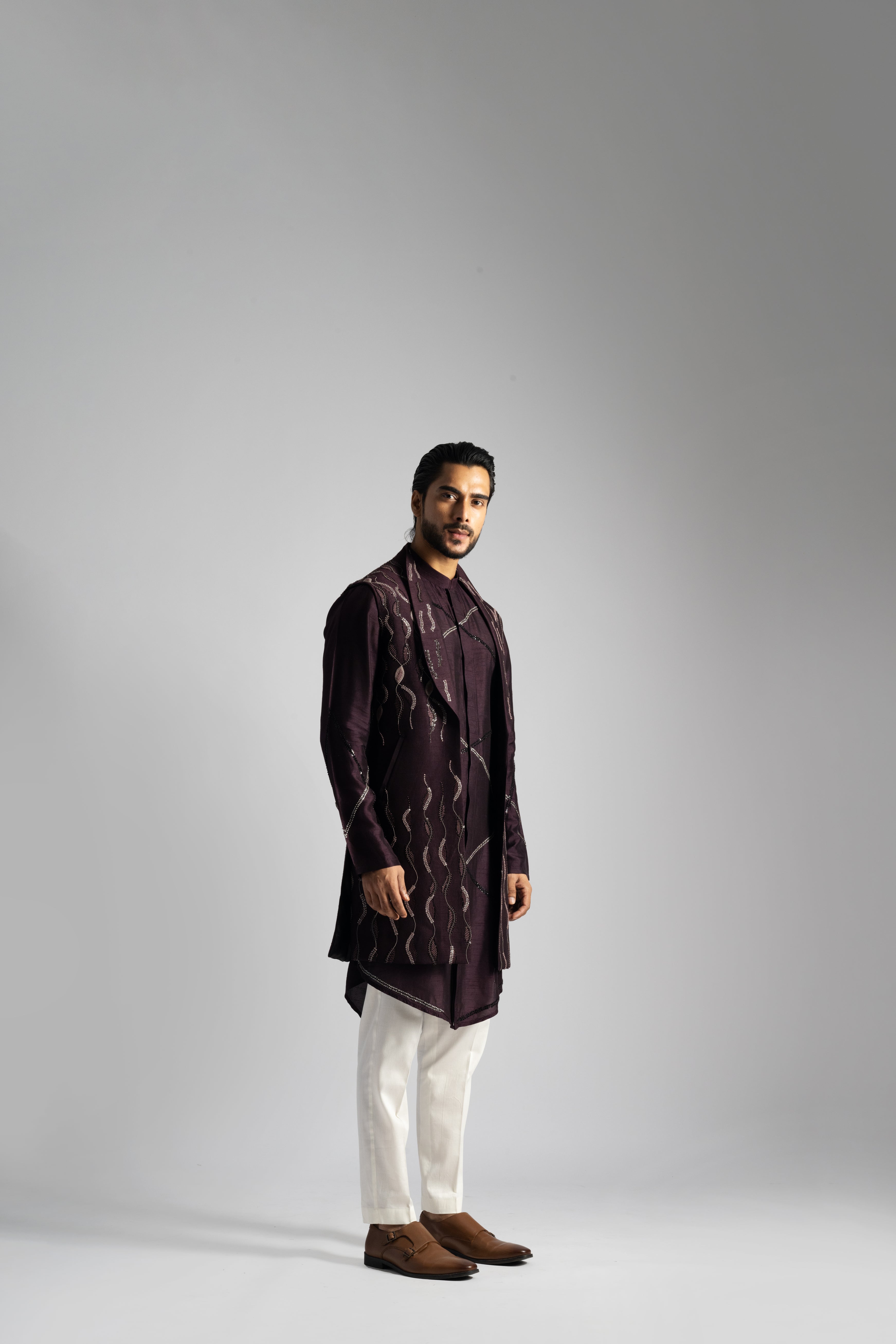 PLUM THREADWORK EMBROIDERED LONG NEHRU KURTA SET
