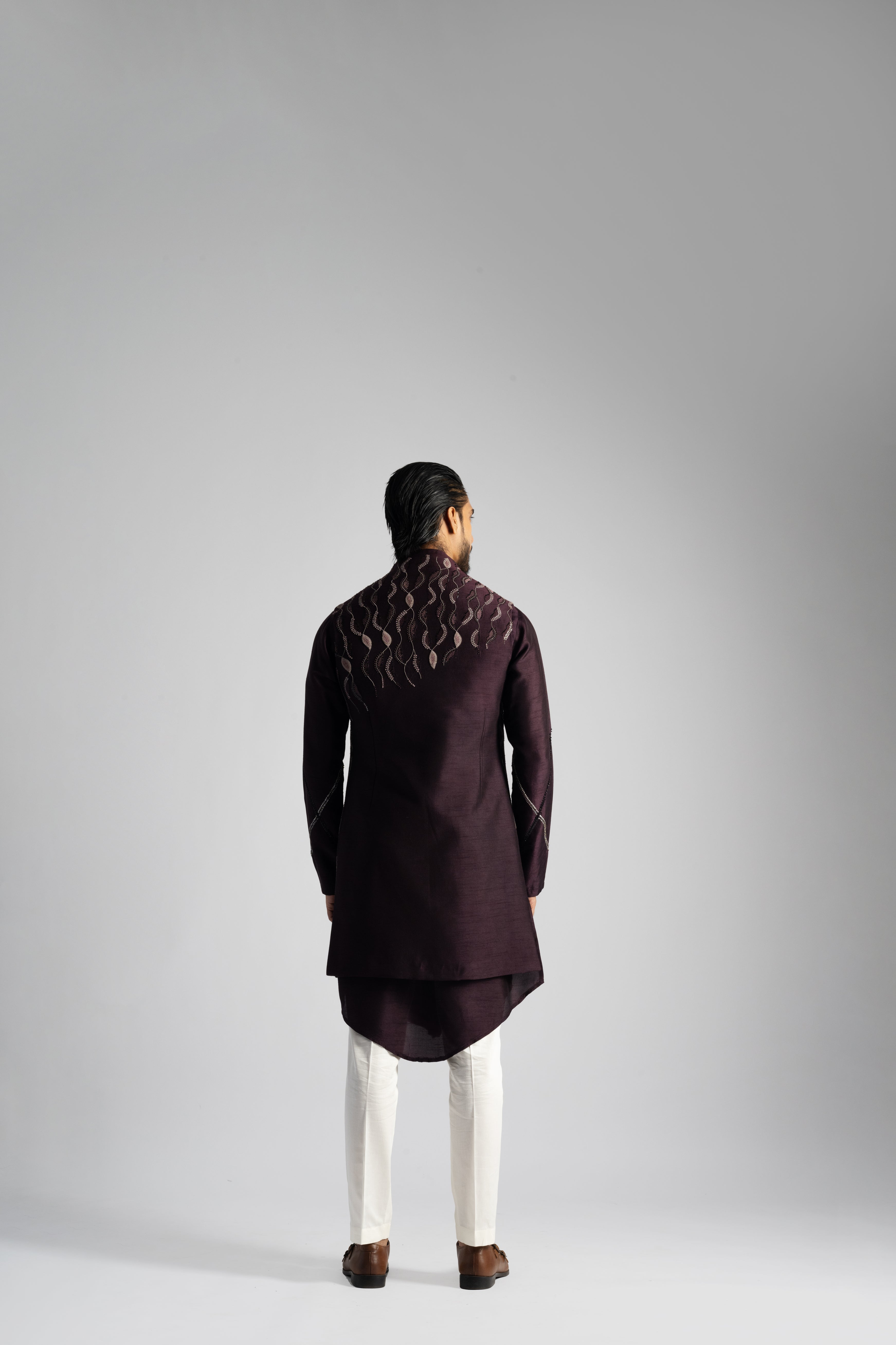 PLUM THREADWORK EMBROIDERED LONG NEHRU KURTA SET