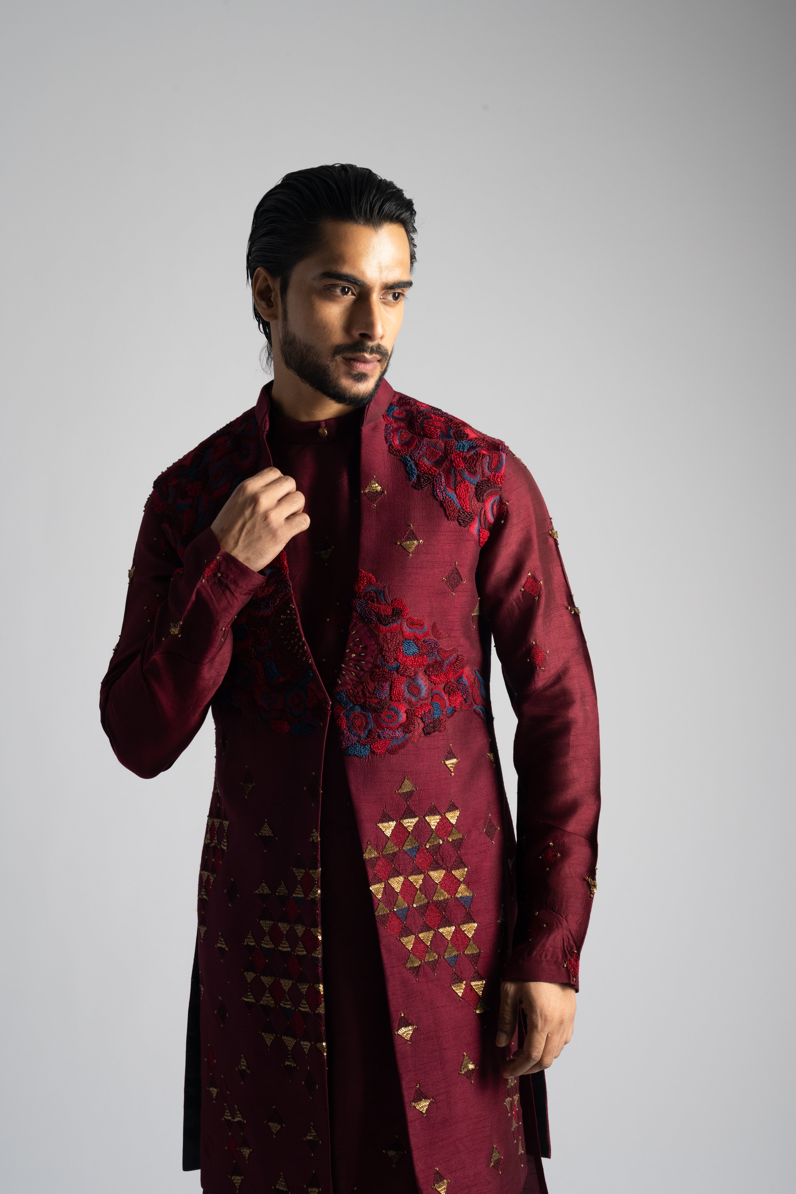 DEEP RED LONG NEHRU KURTA SET