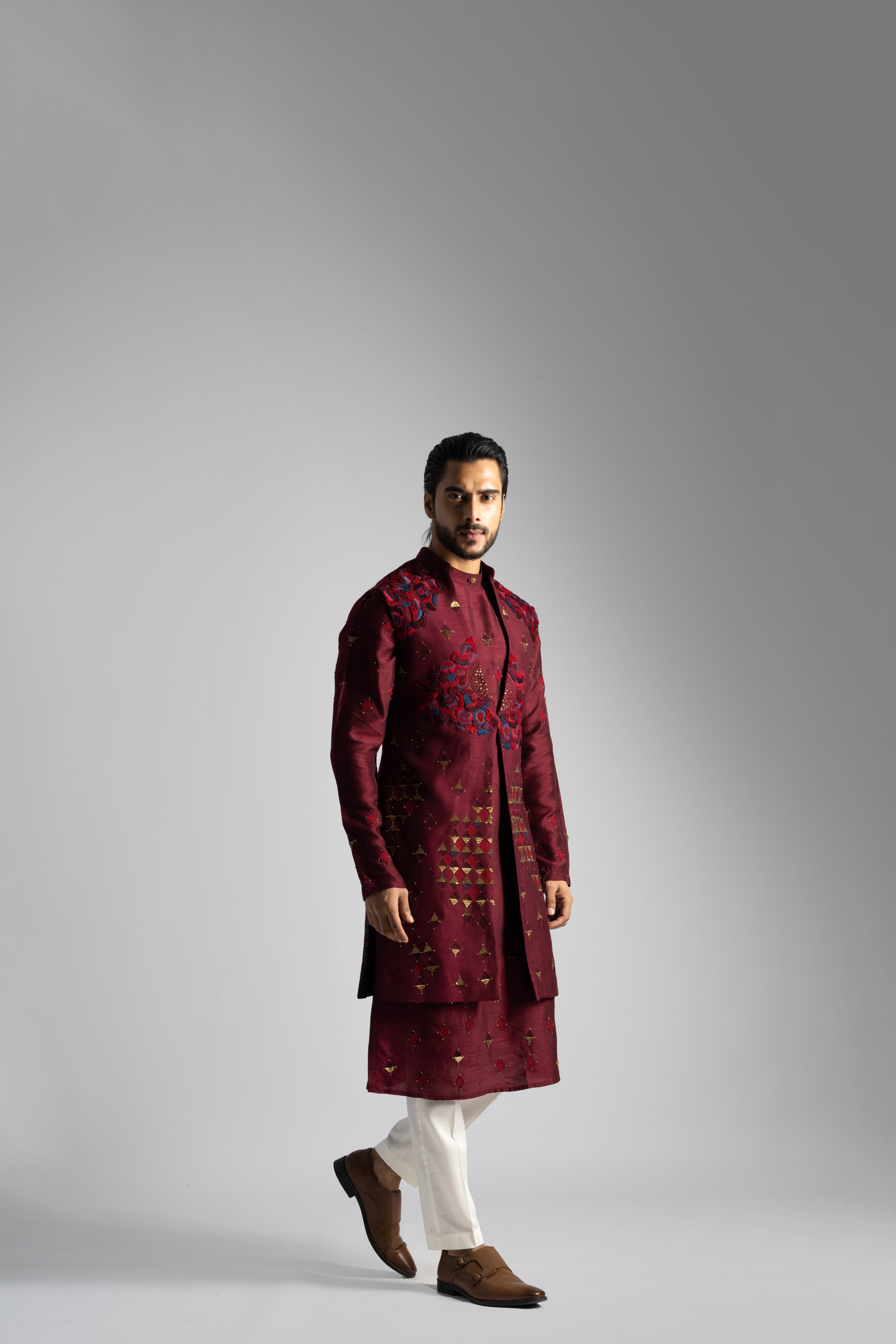 DEEP RED LONG NEHRU KURTA SET