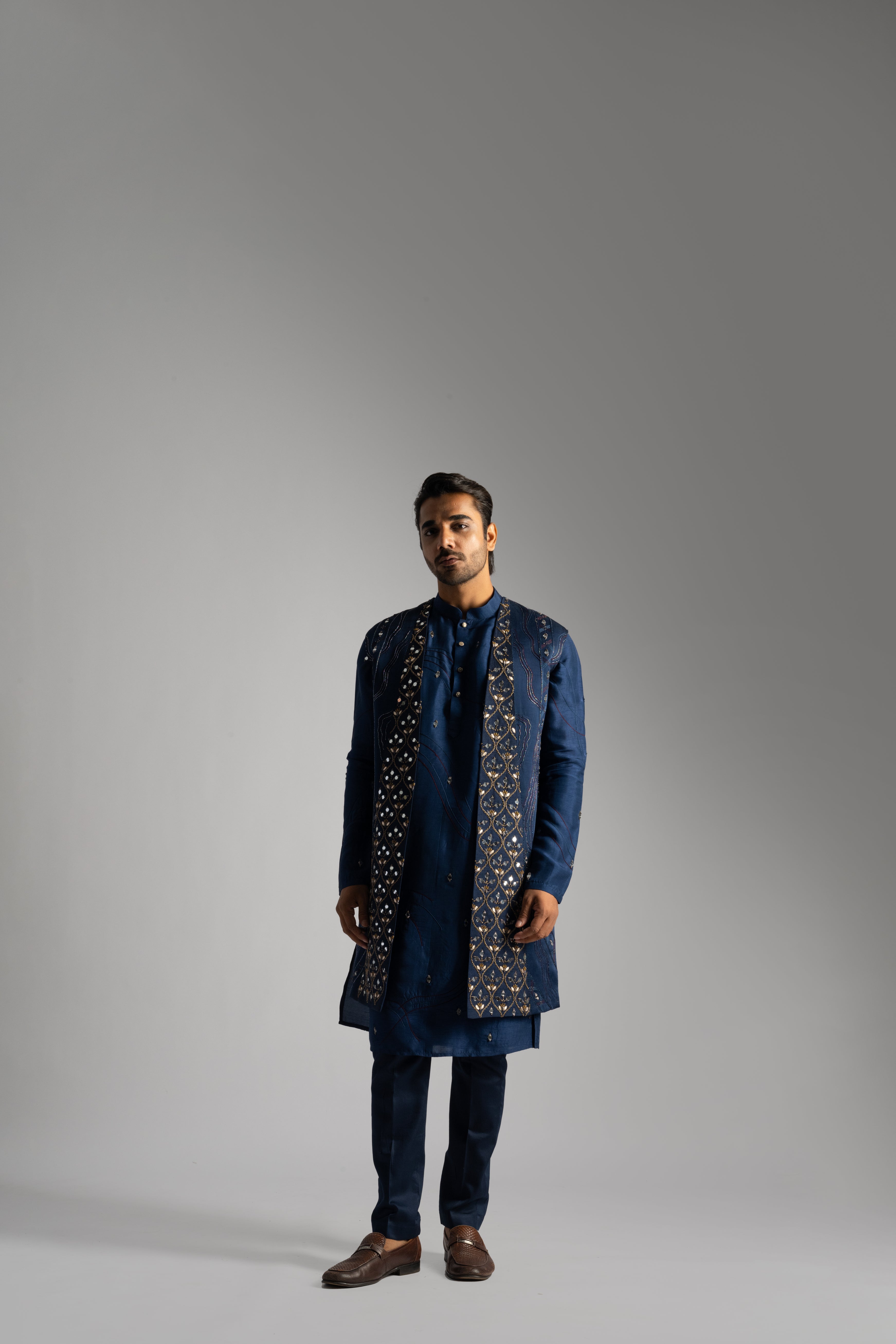 ROYAL BLUE MIRRORWORK LONG NEHRU KURTA SET