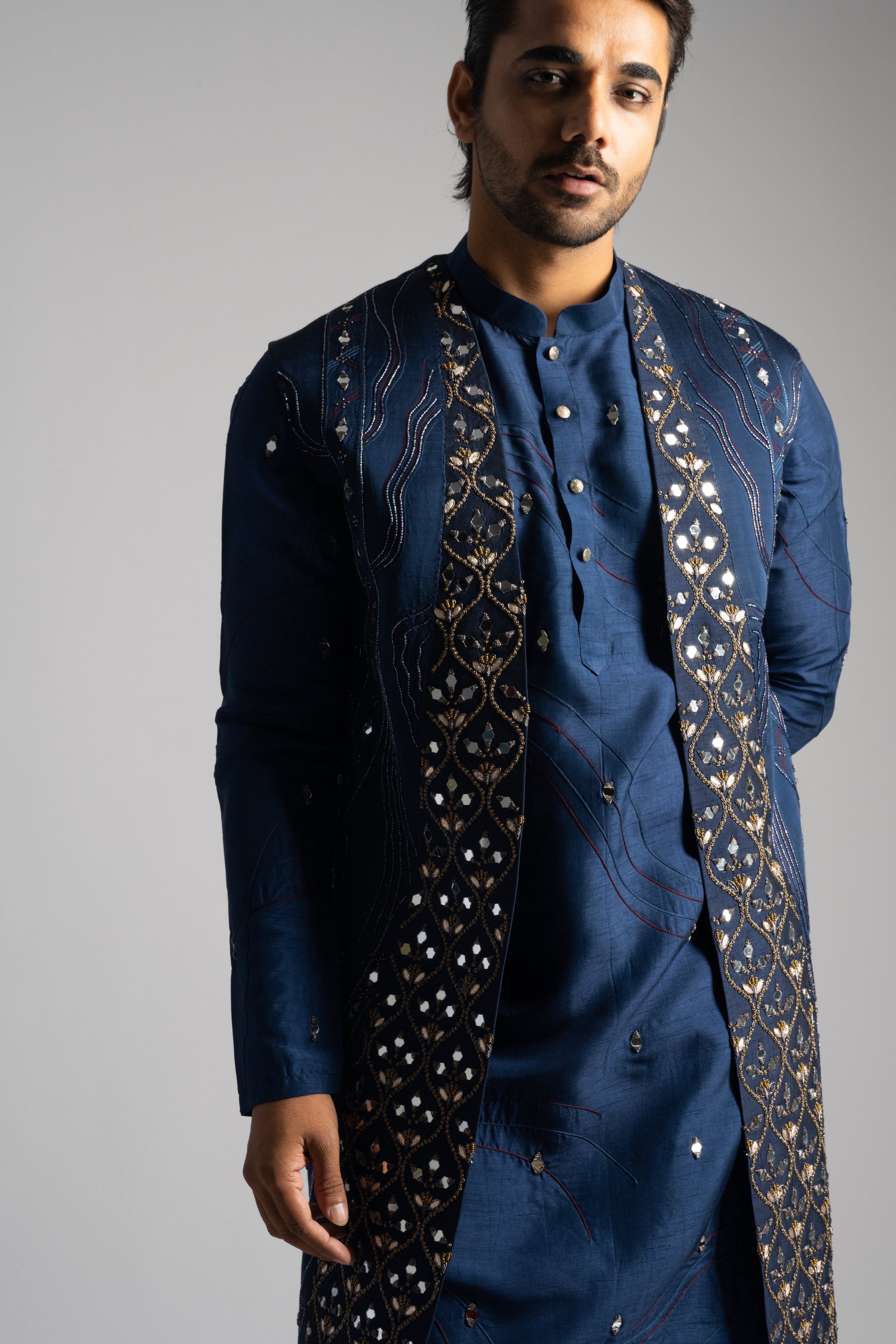 ROYAL BLUE MIRRORWORK LONG NEHRU KURTA SET