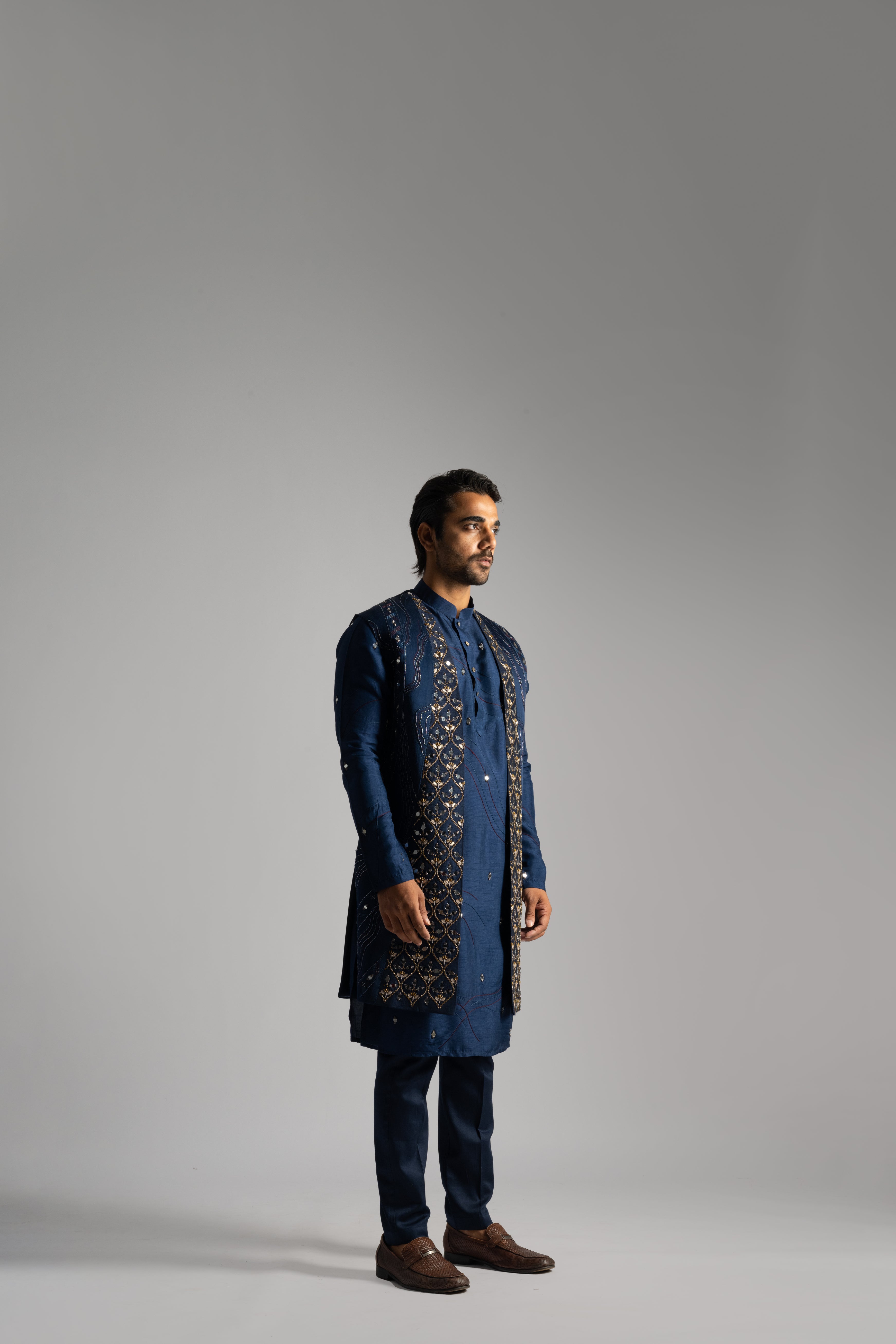 ROYAL BLUE MIRRORWORK LONG NEHRU KURTA SET
