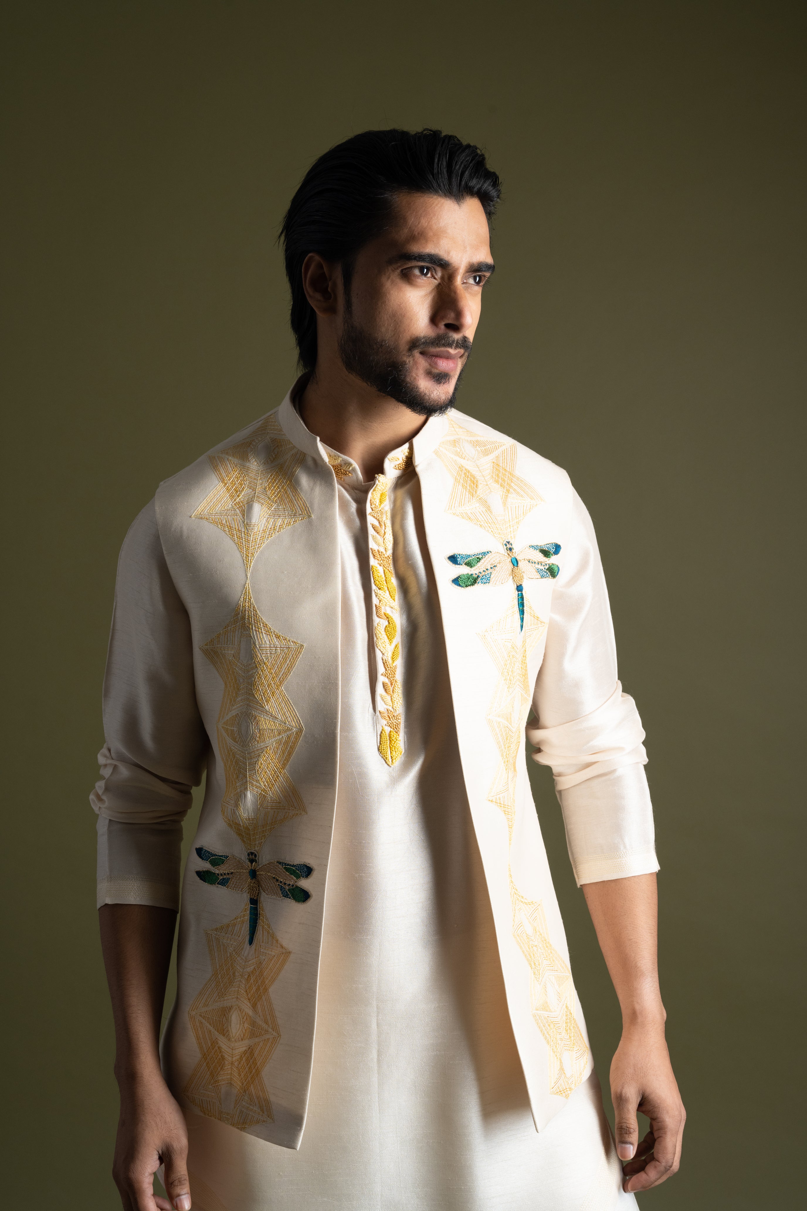 CREAM DRAGONFLY NEHRU KURTA SET