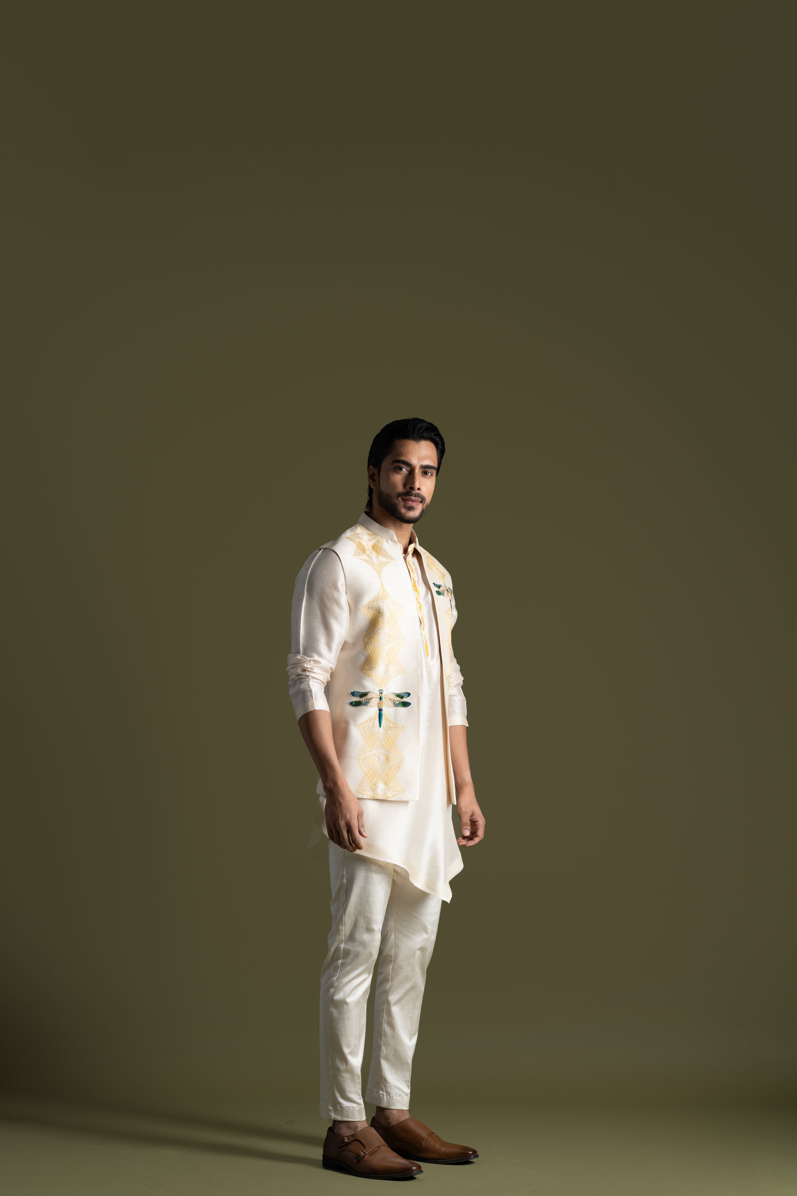 CREAM DRAGONFLY NEHRU KURTA SET