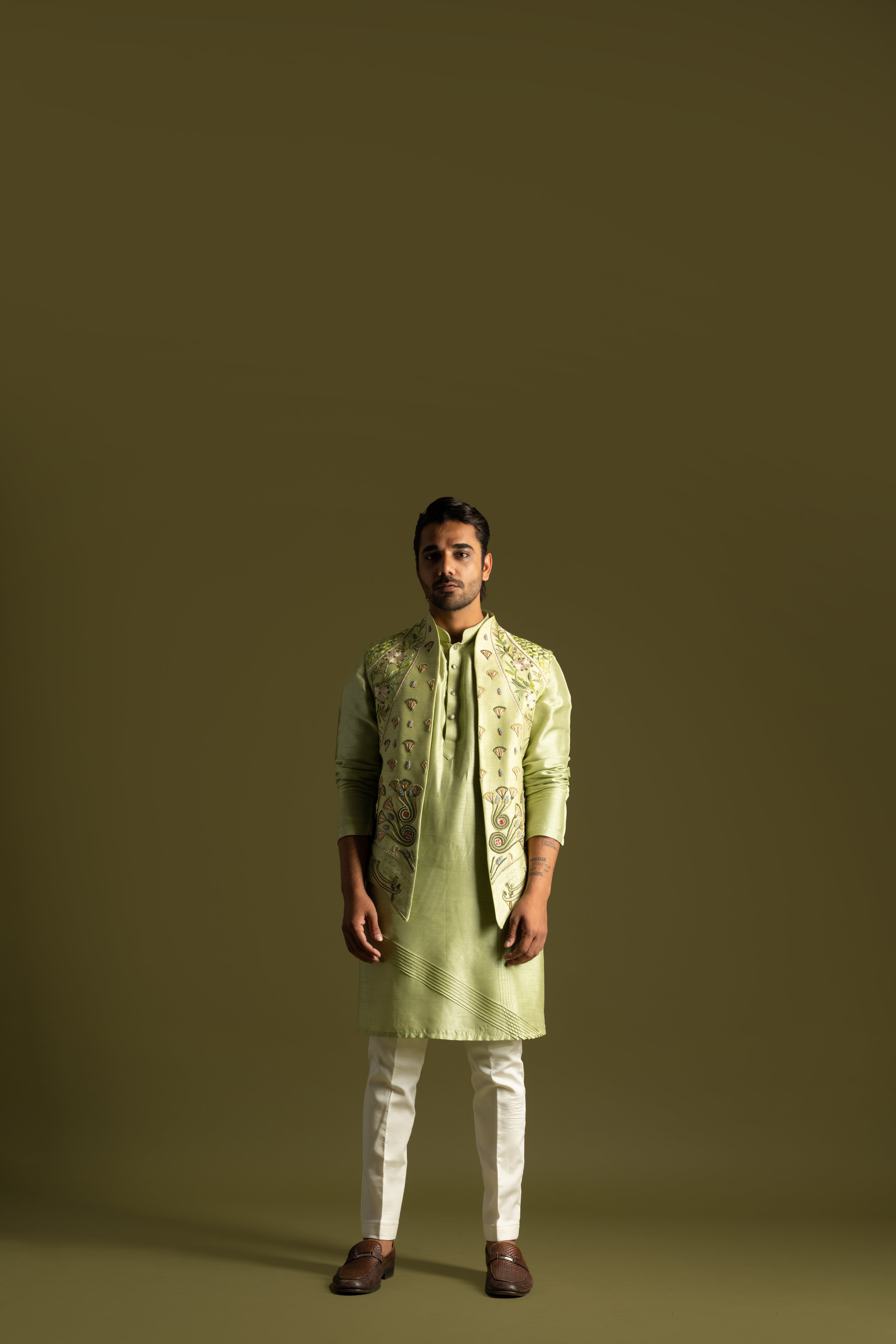 PISTACHIO GREEN THREADWORK EMBROIDERED NEHRU KURTA SET