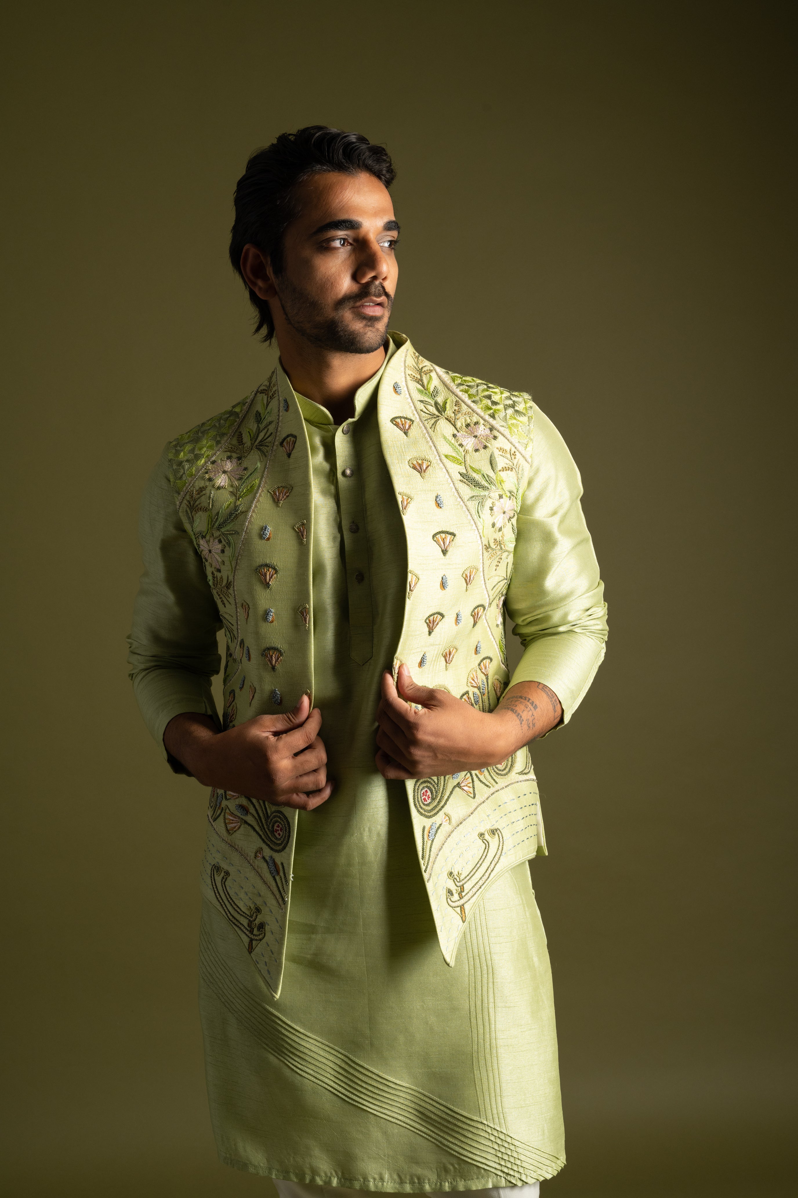 PISTACHIO GREEN THREADWORK EMBROIDERED NEHRU KURTA SET