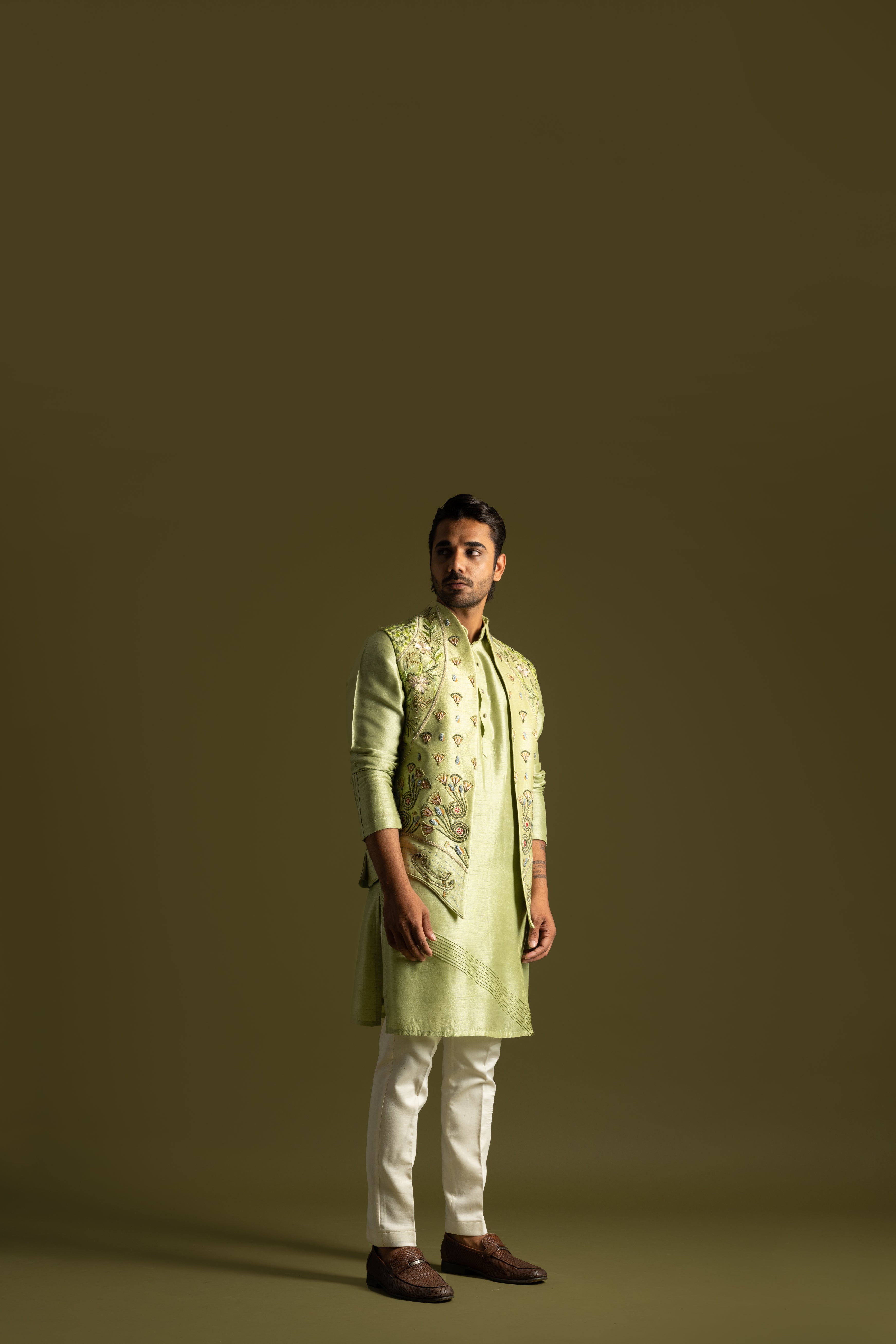 PISTACHIO GREEN THREADWORK EMBROIDERED NEHRU KURTA SET
