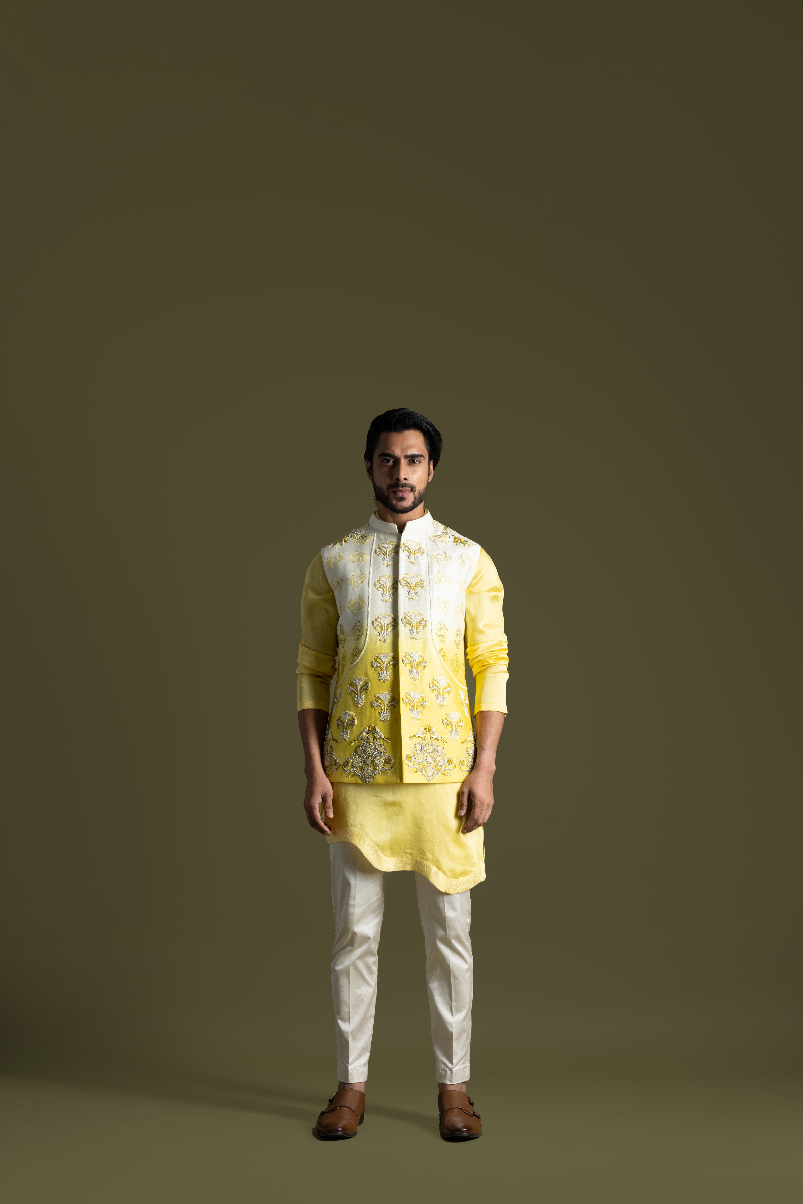 CREAM & YELLOW OMBRE NEHRU KURTA SET