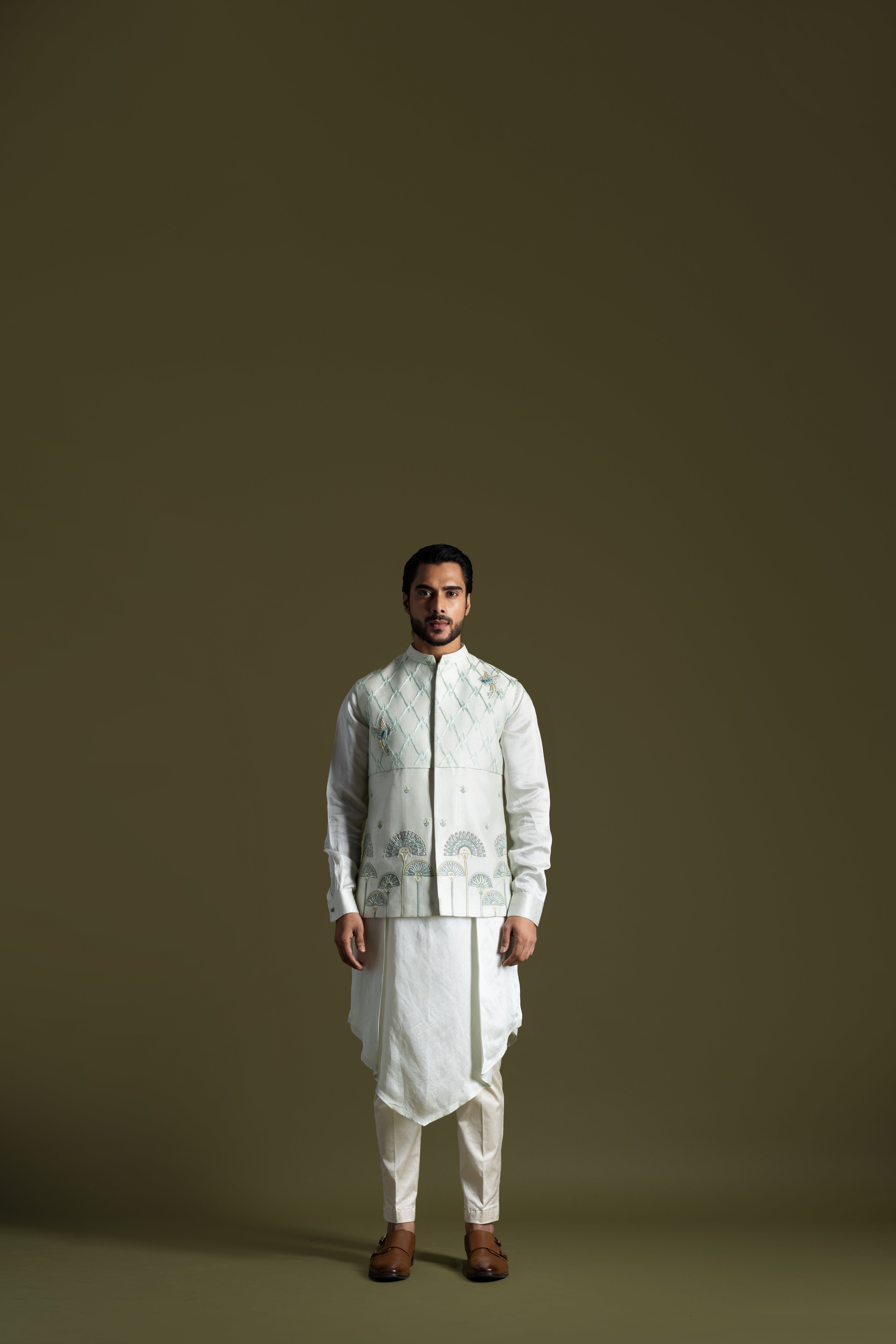 ICE BLUE EGYPTIAN MOTIF DOUBLE PANELLED NEHRU