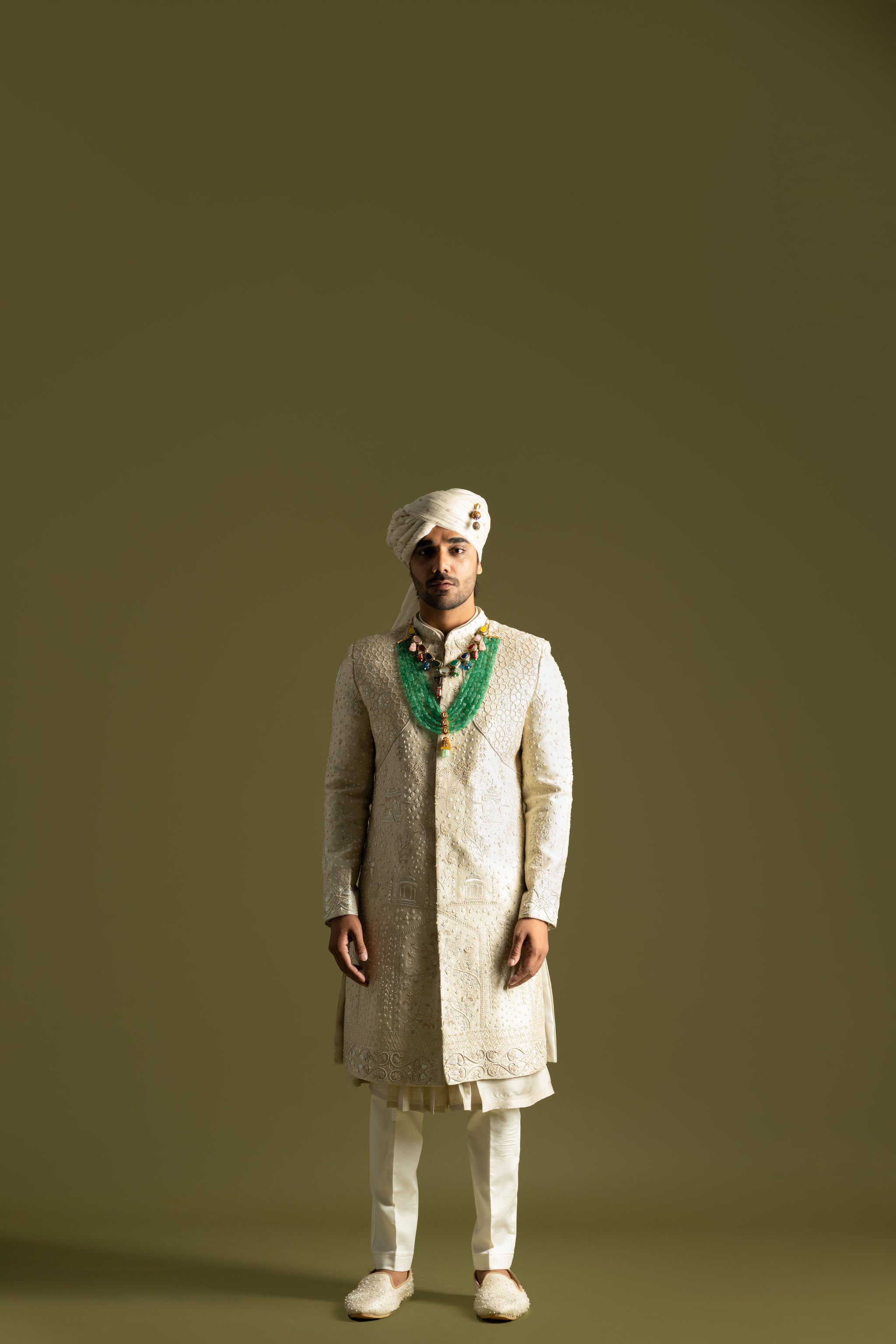 Beige Woven Monga Booti Sherwani Set
