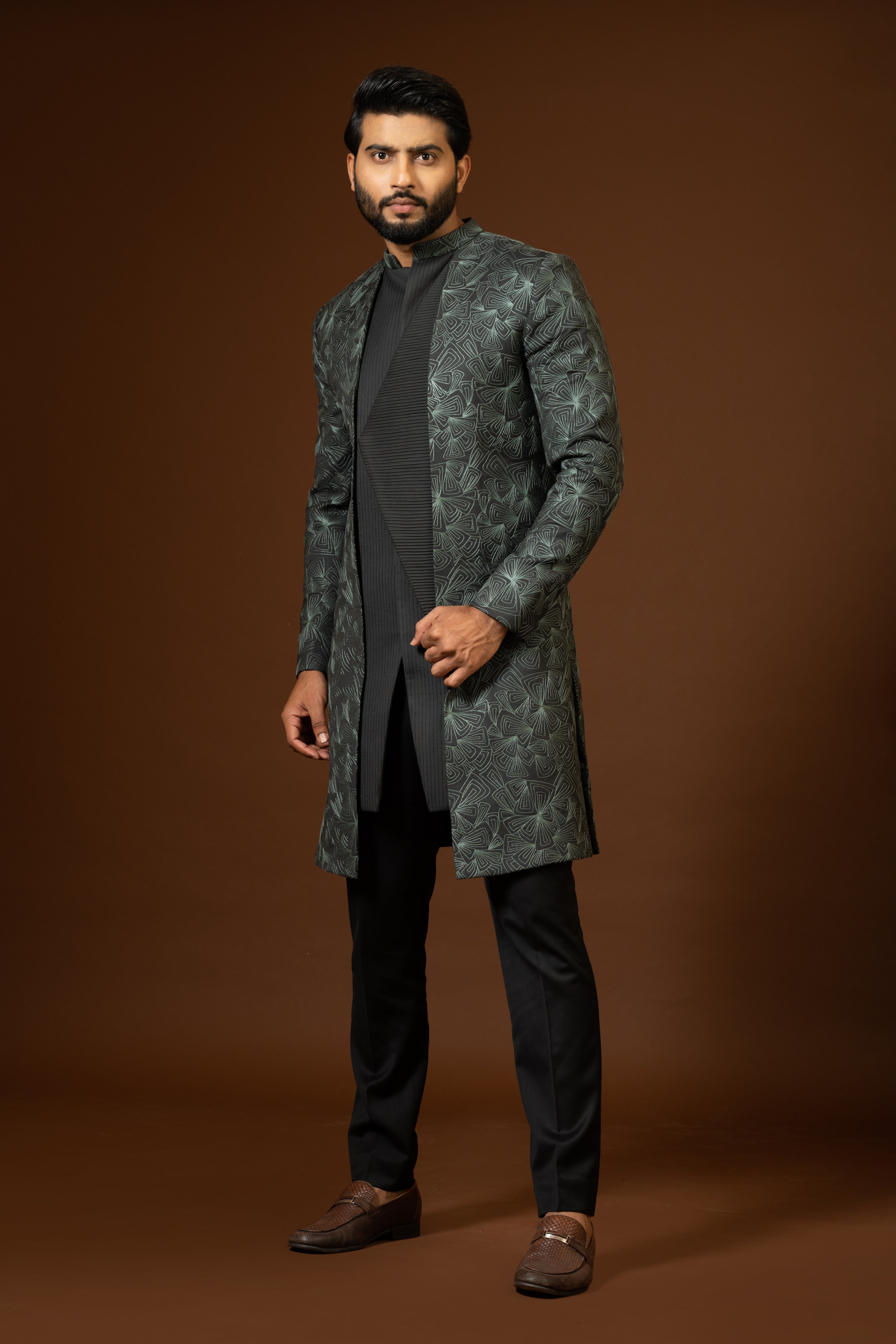 GREEN PINTUCKS ACHKAN SET
