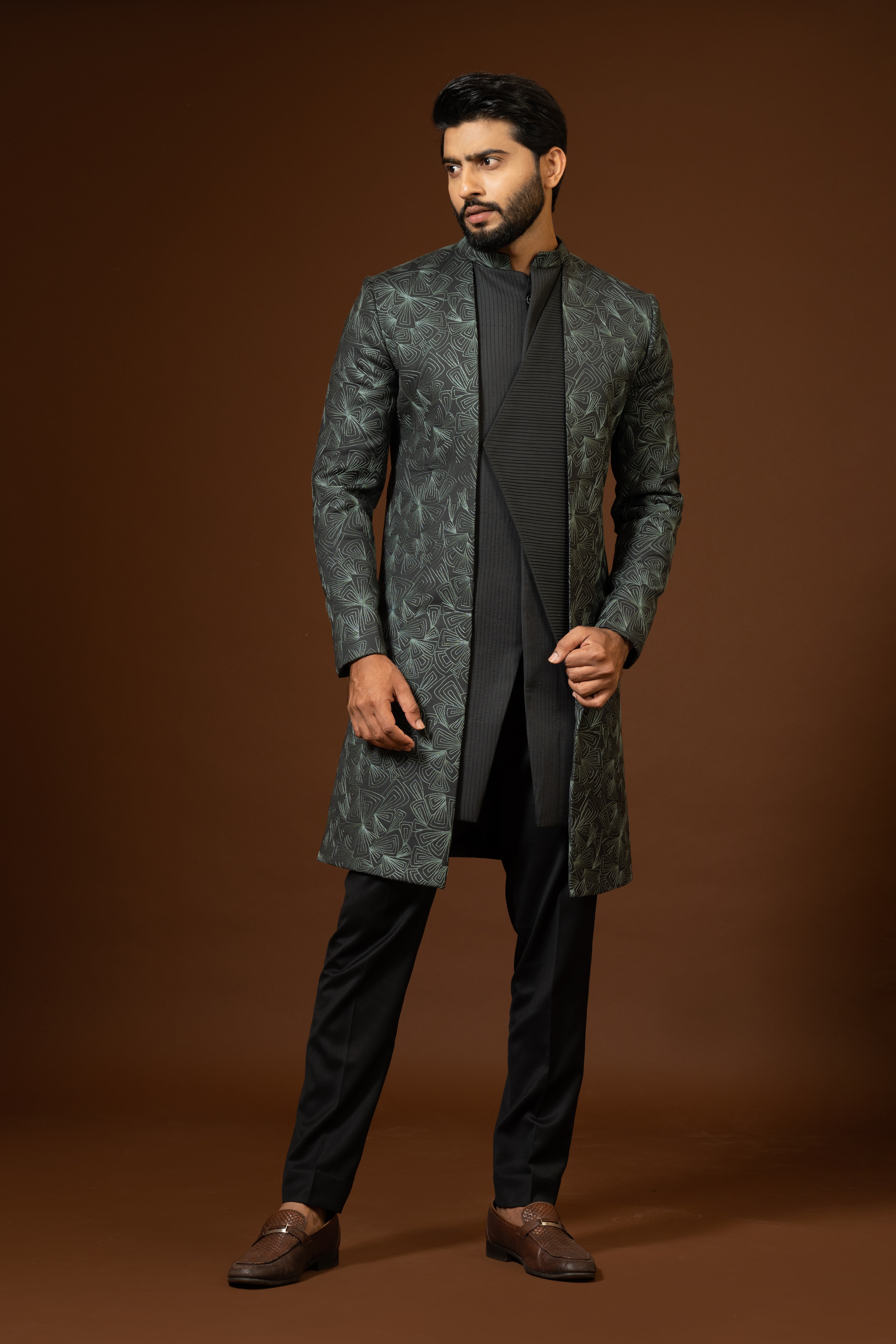 GREEN PINTUCKS ACHKAN SET