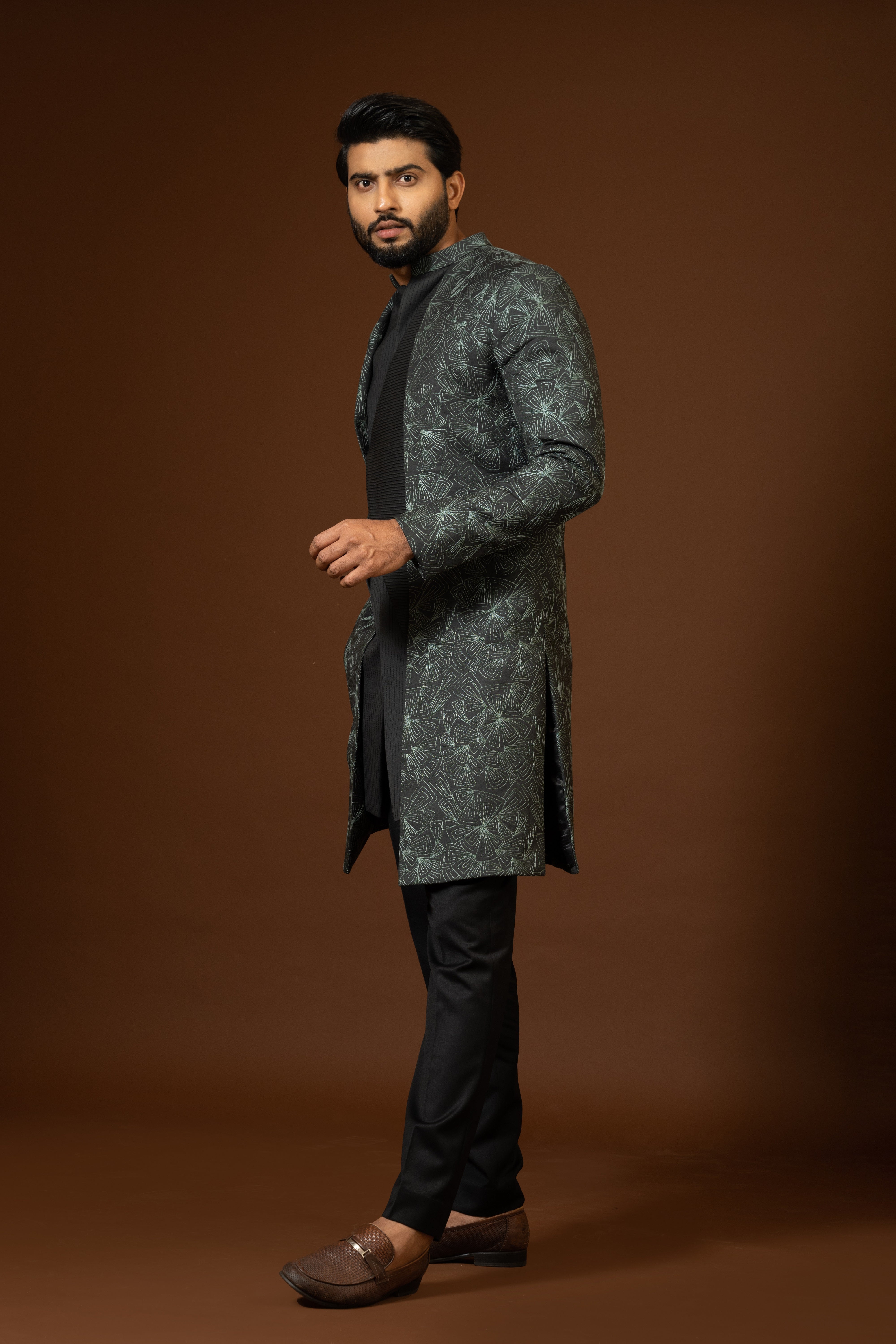 GREEN PINTUCKS ACHKAN SET