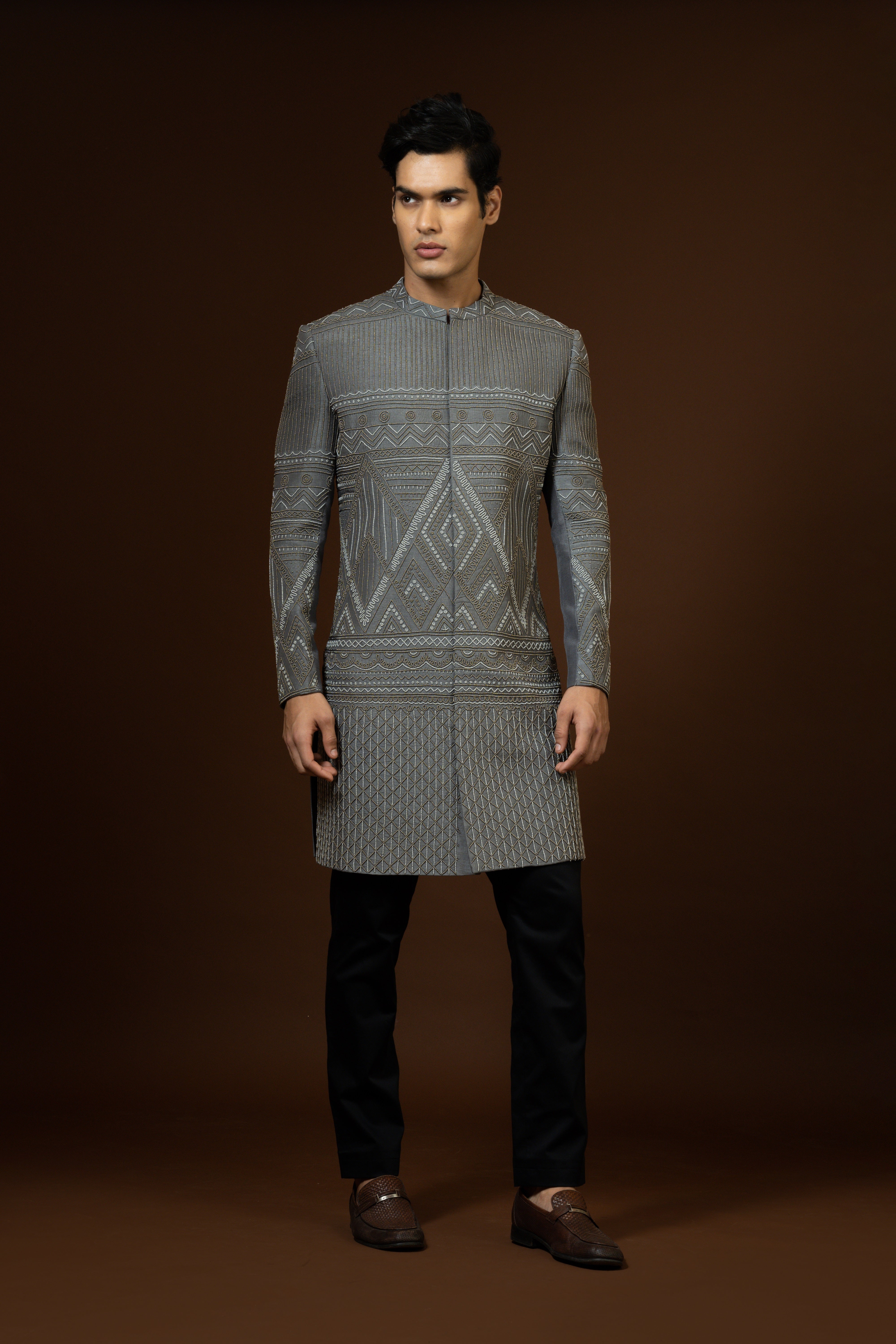STEEL GREY CHIR EMBROIDERED ACHKAN SET