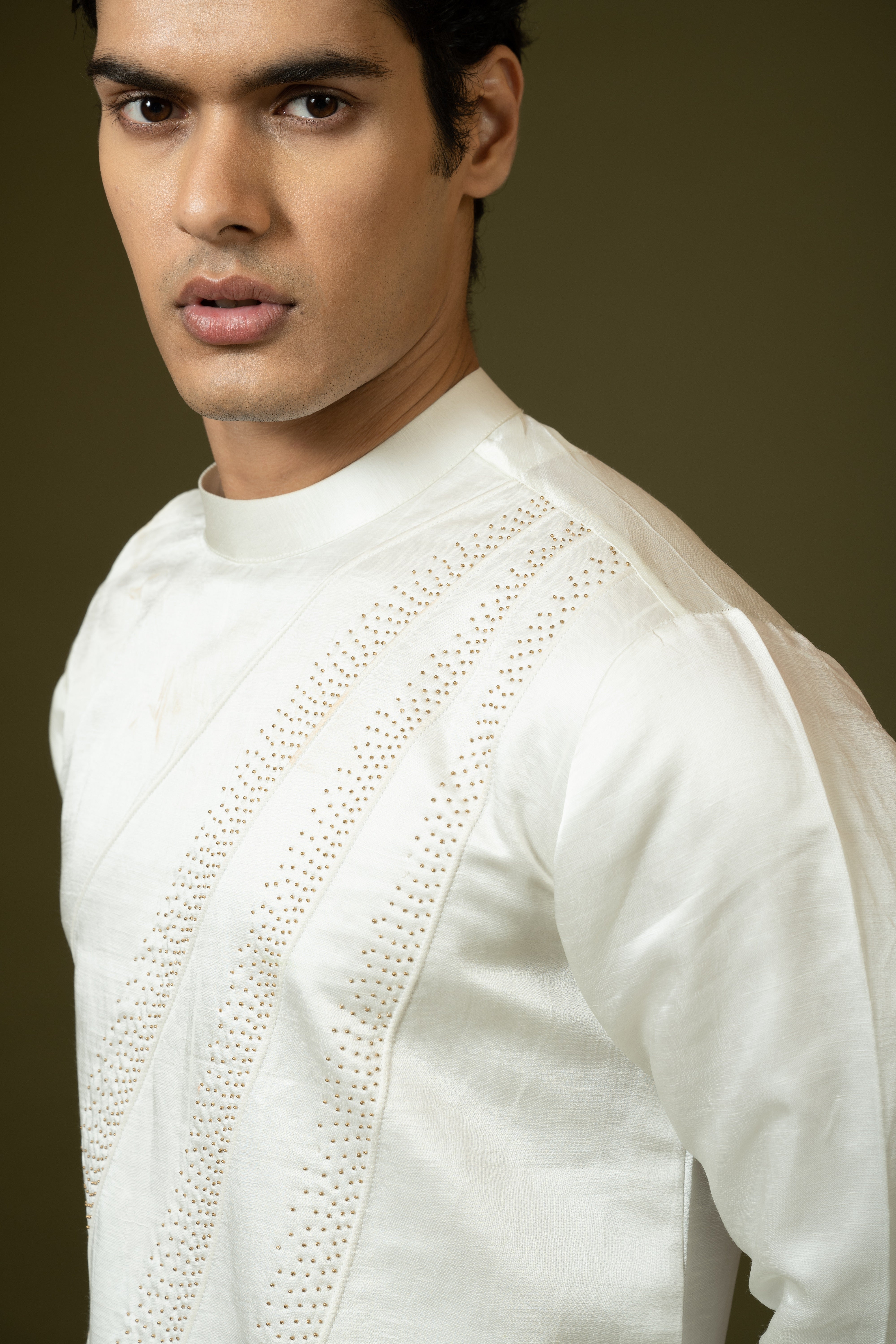 Ivory kurta in linen satin with linear pintucks detailing Kurta set