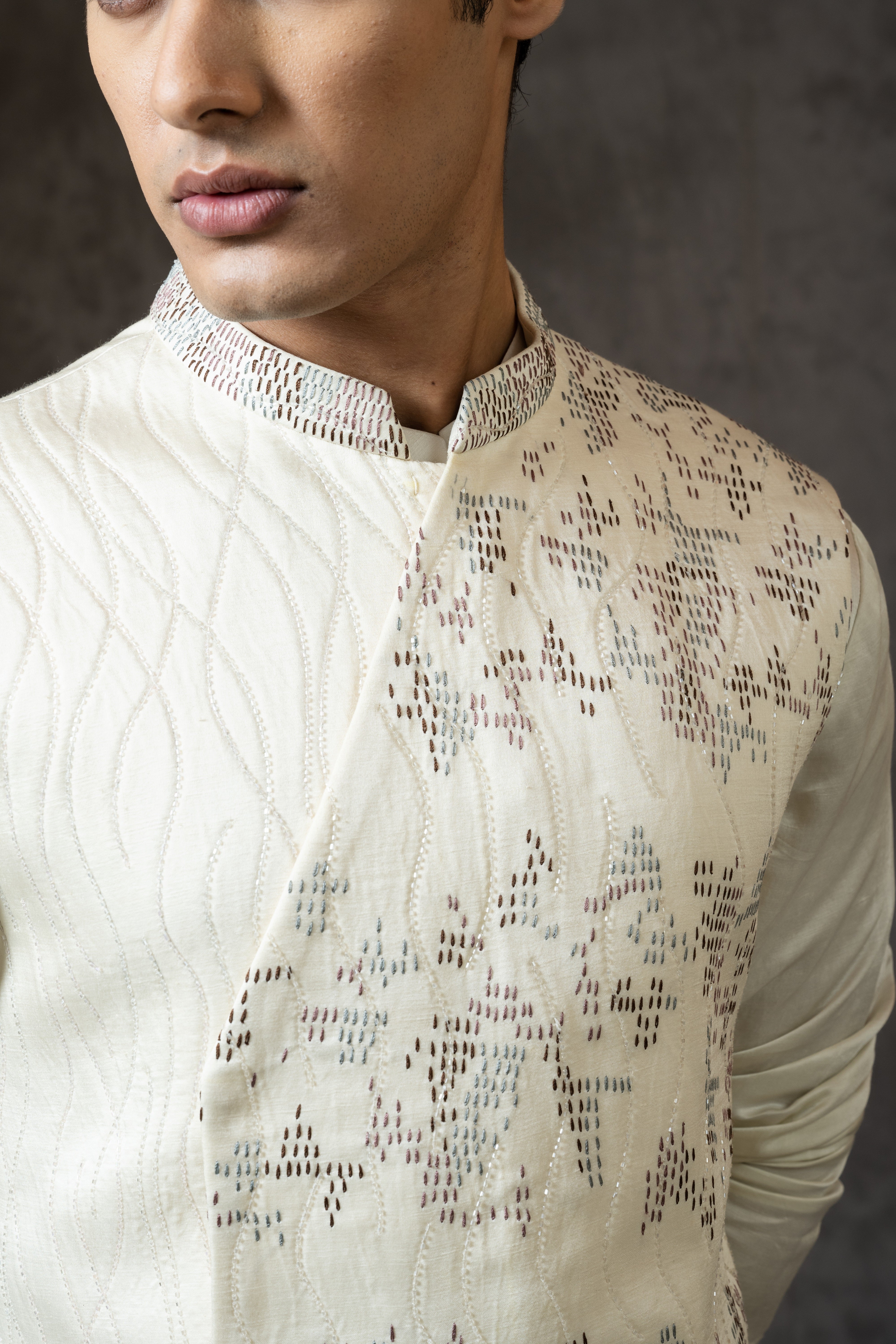 ASSYMETRIC KANTHA EMBROIDERED NEHRU KURTA SET