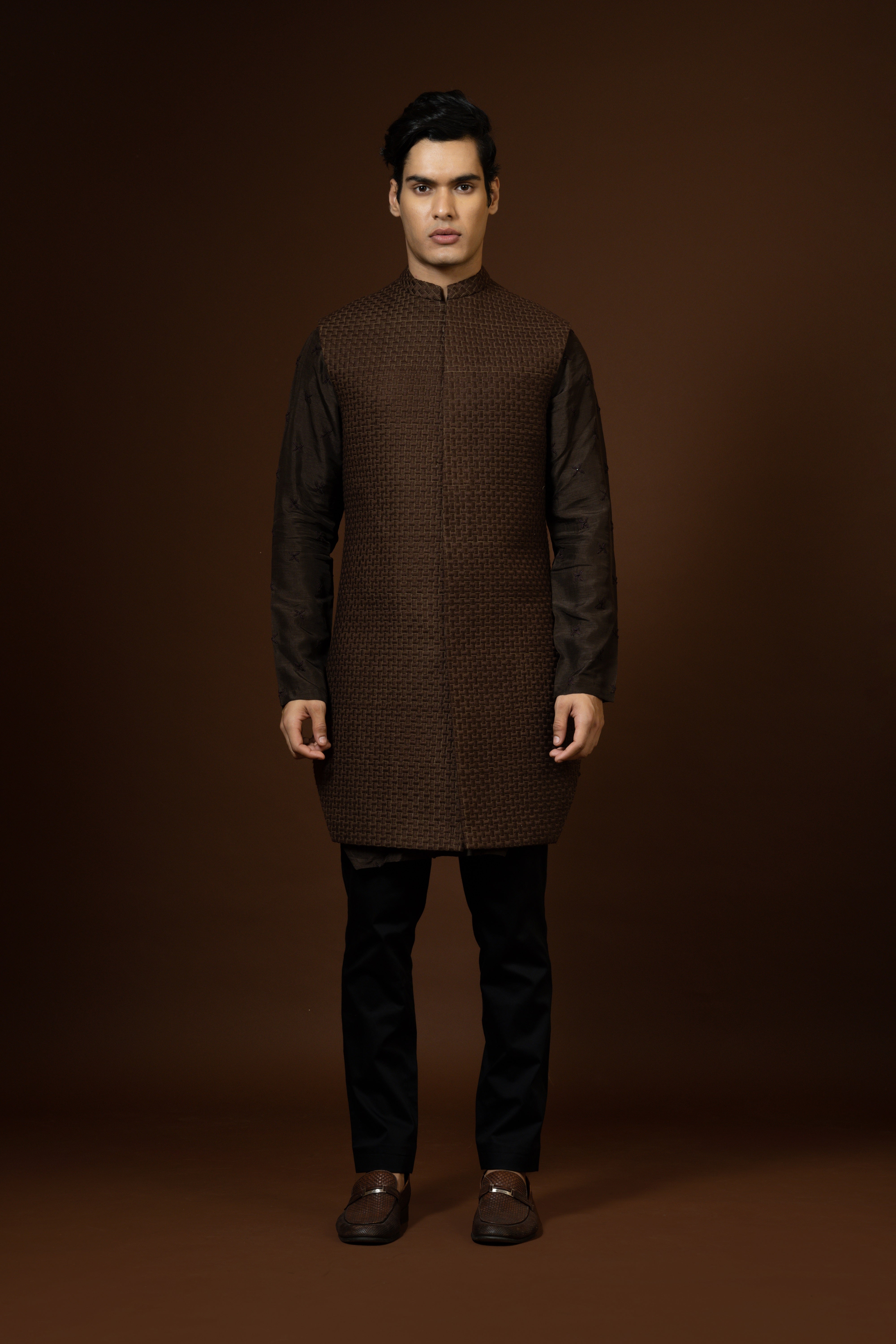 BROWN BASKET WEAVE NEHRU KURTA SET