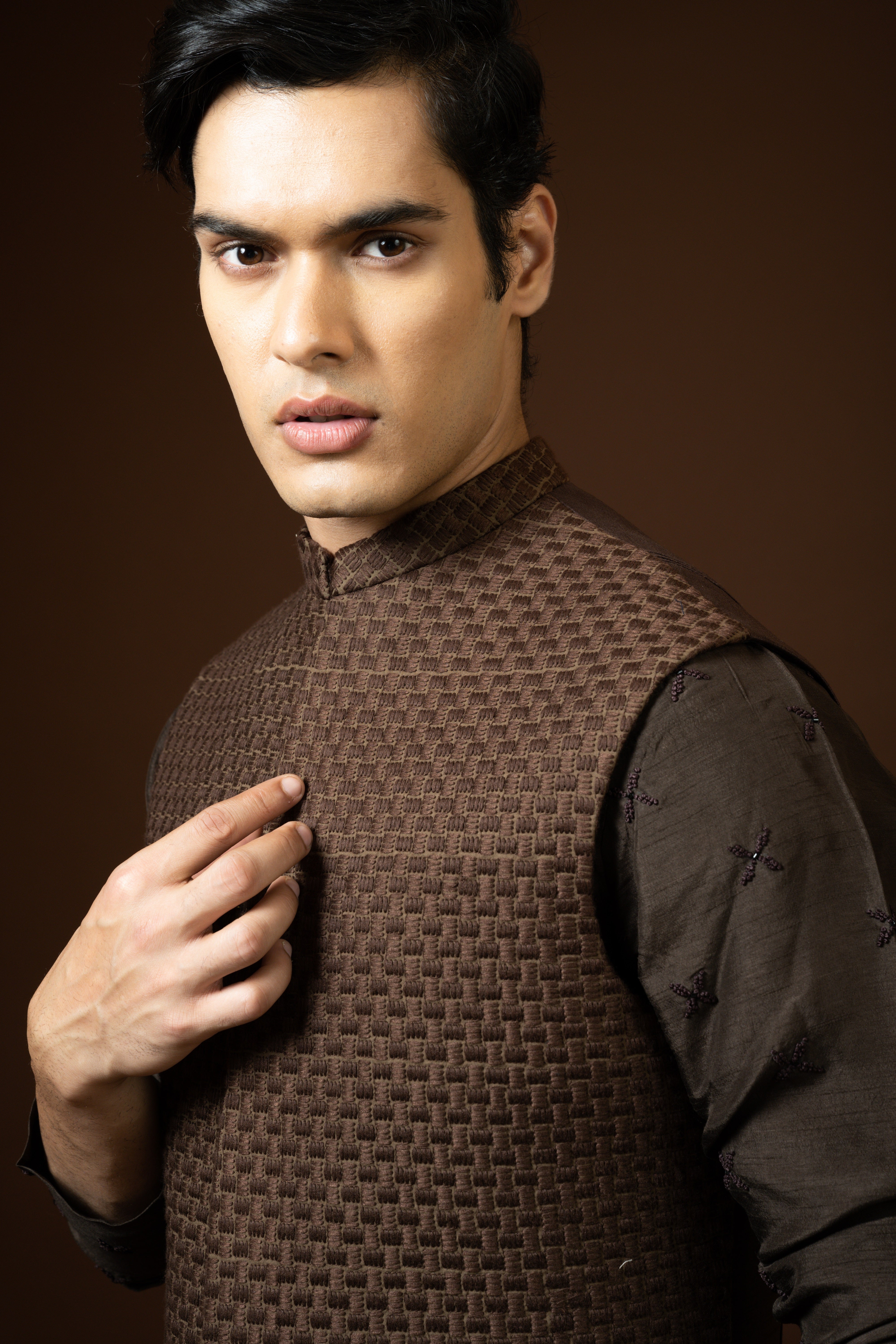 BROWN BASKET WEAVE NEHRU KURTA SET