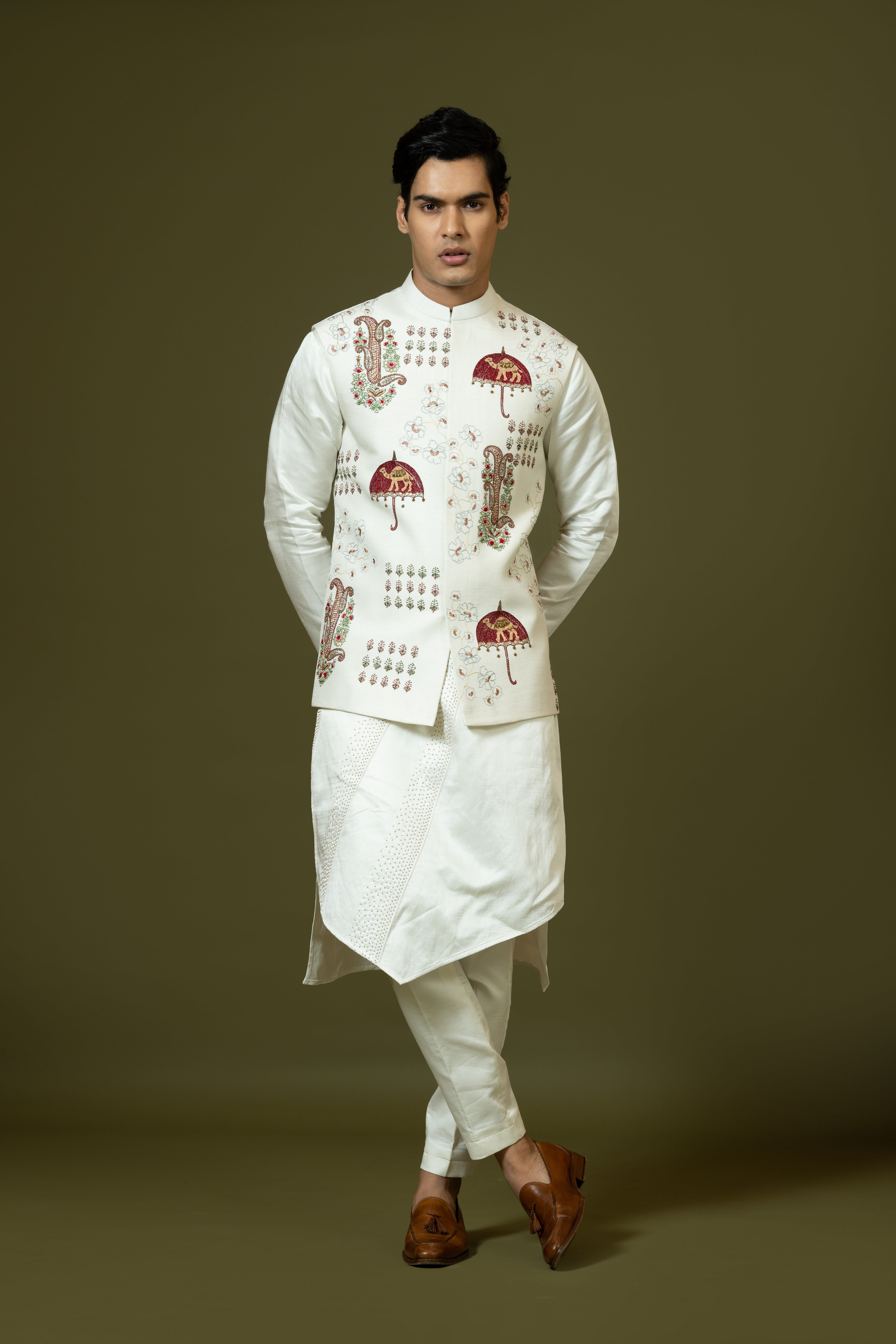 CAMEL EMBROIDERED NEHRU KURTA SET