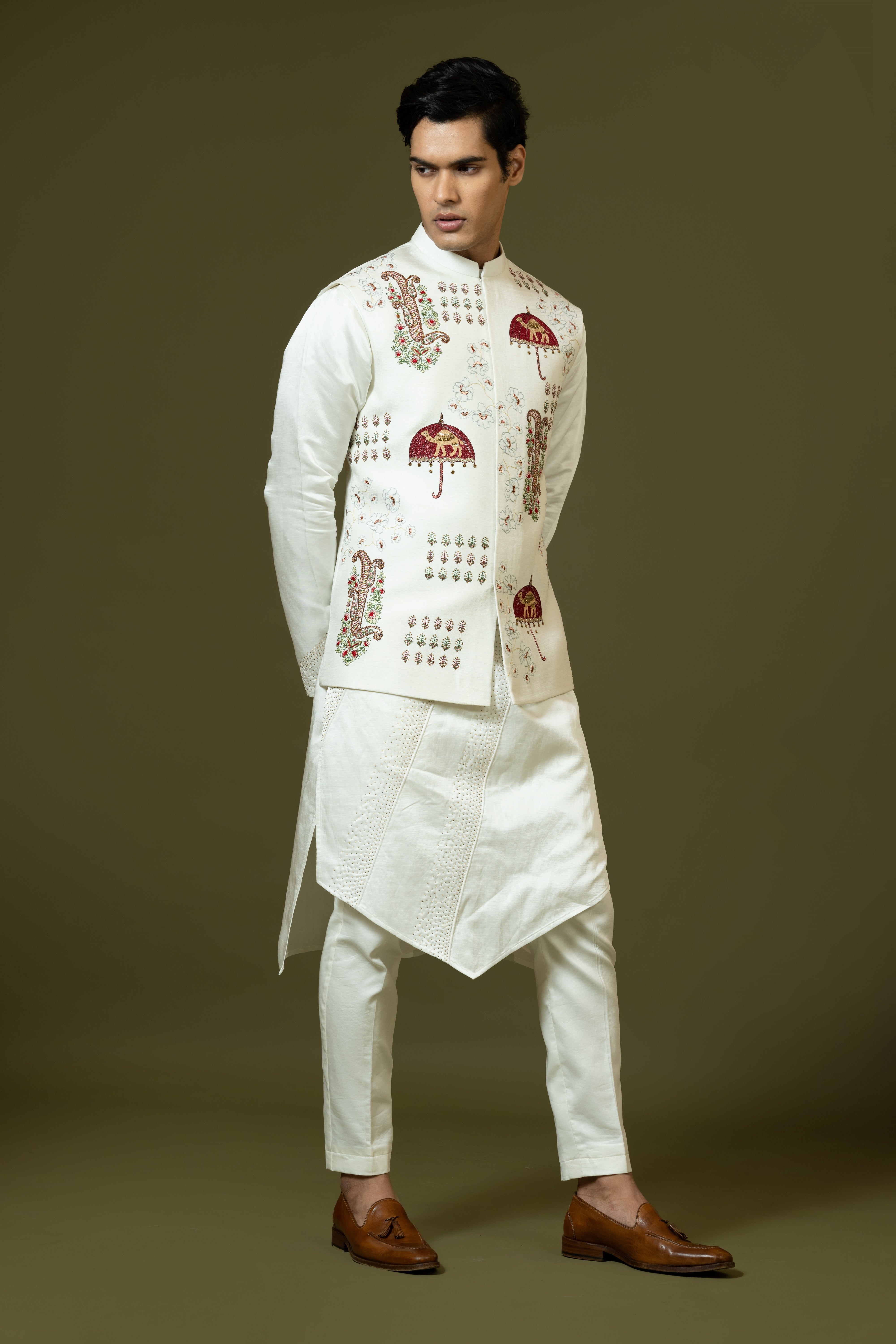 CAMEL EMBROIDERED NEHRU KURTA SET