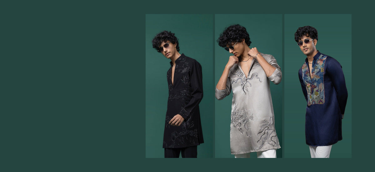 Paarsh Atelier Diwali kurtas for men - black, grey and navy embroidered kurtas