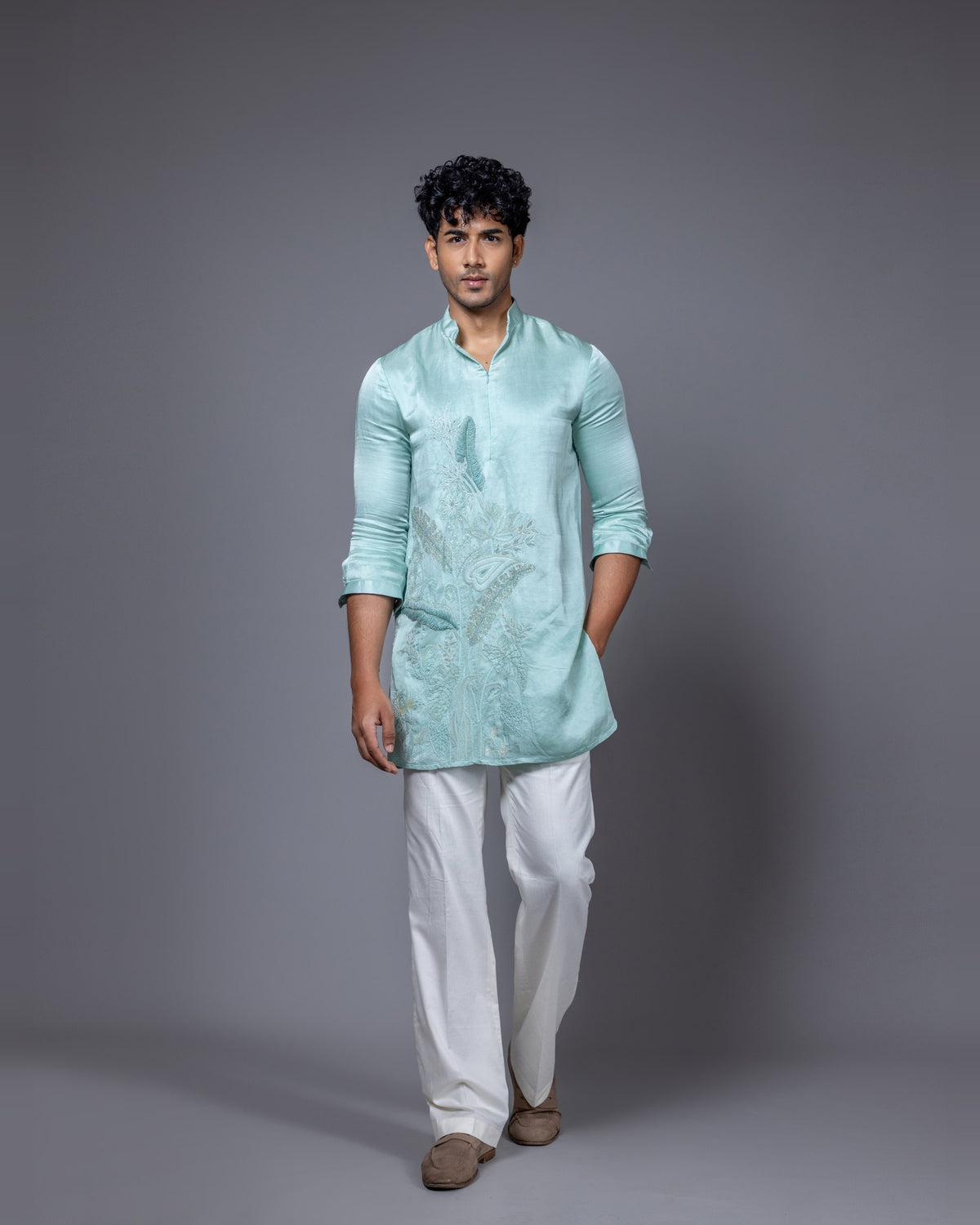 Turquoise Vertigo kurta set by Paarsh Atelier, Aarohan collection