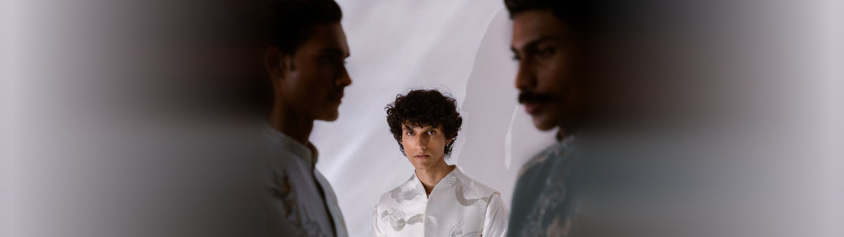 Avyukt by Paarsh Atelier - ivory hand-embroidered Nehru jacket