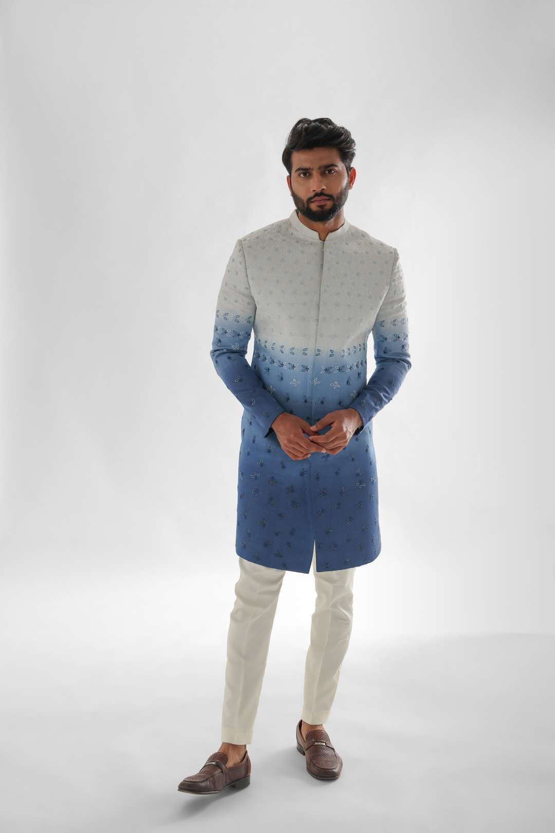 Sunset Cream to Prussian Blue Shaded Achkan