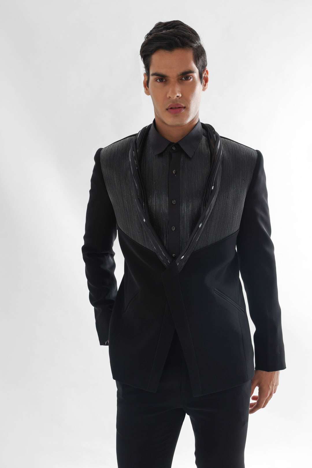 Jet Black Tuxedo Set With Leather Cord Detailing