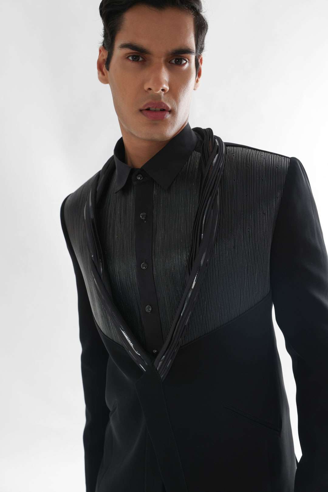Jet Black Tuxedo Set With Leather Cord Detailing