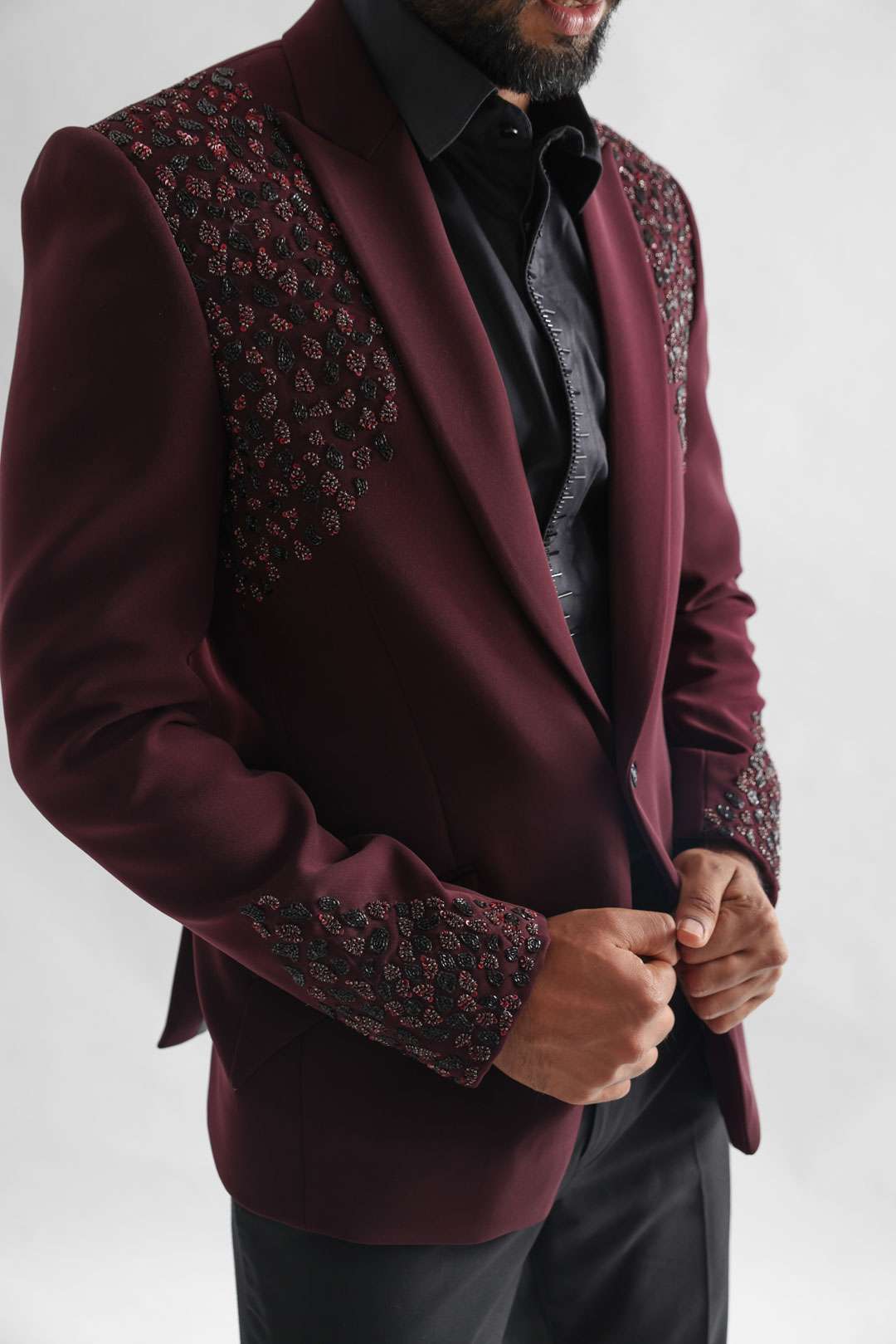Red Wine Tuxedo Set Embroidered With Katdana