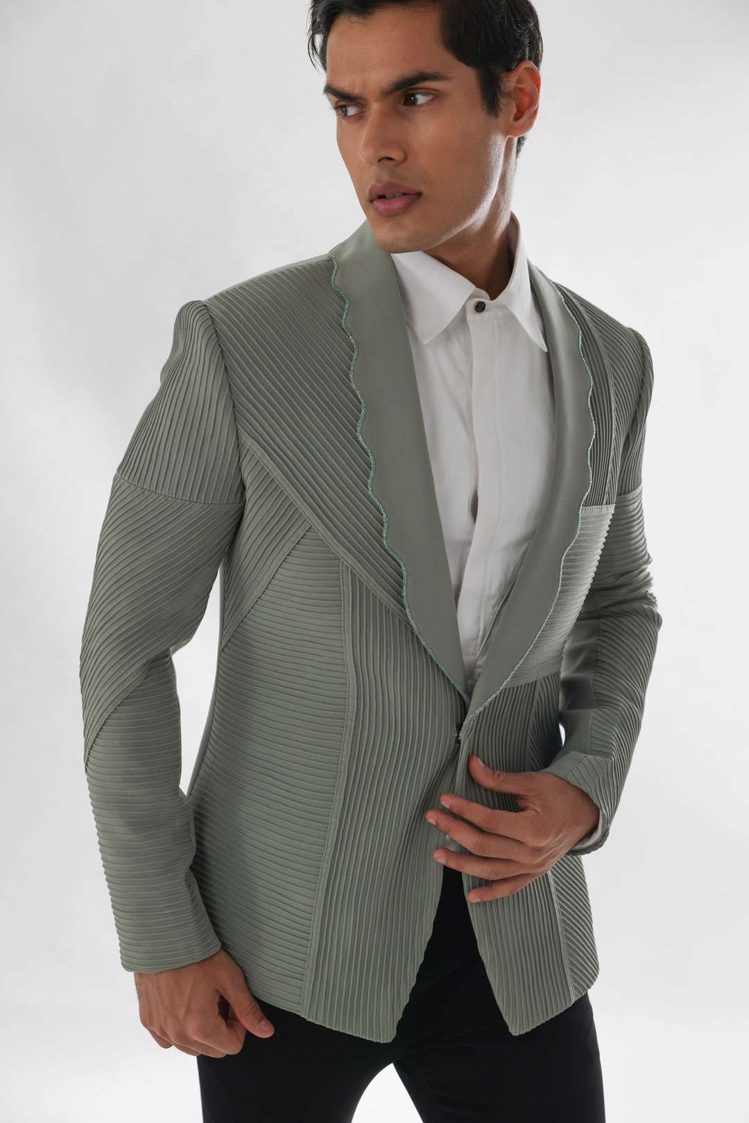Pista Green Pintucks Tuxedo Highlighted With Katdana