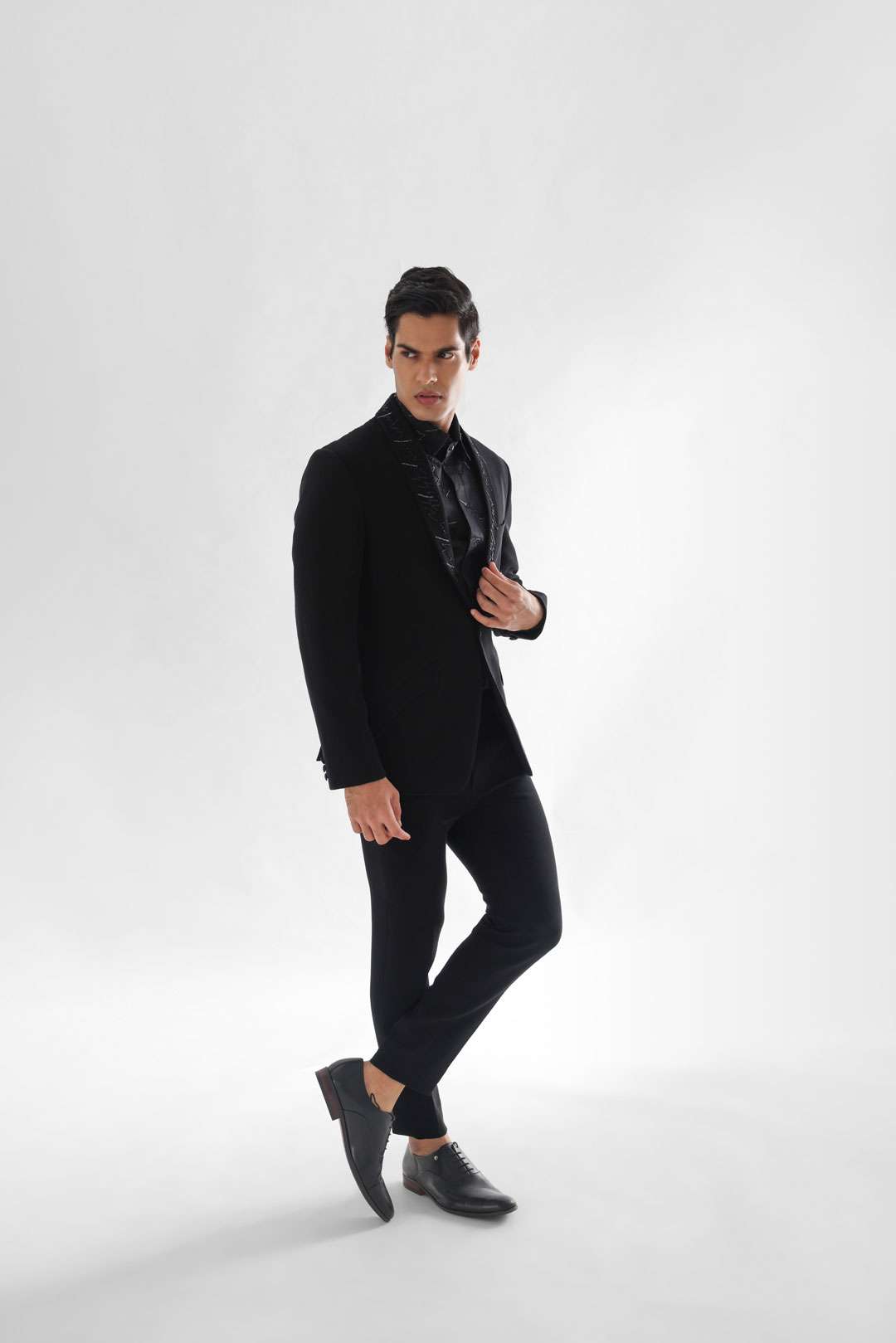 Jet Black Tuxedo Set With Contemporary Embroidery