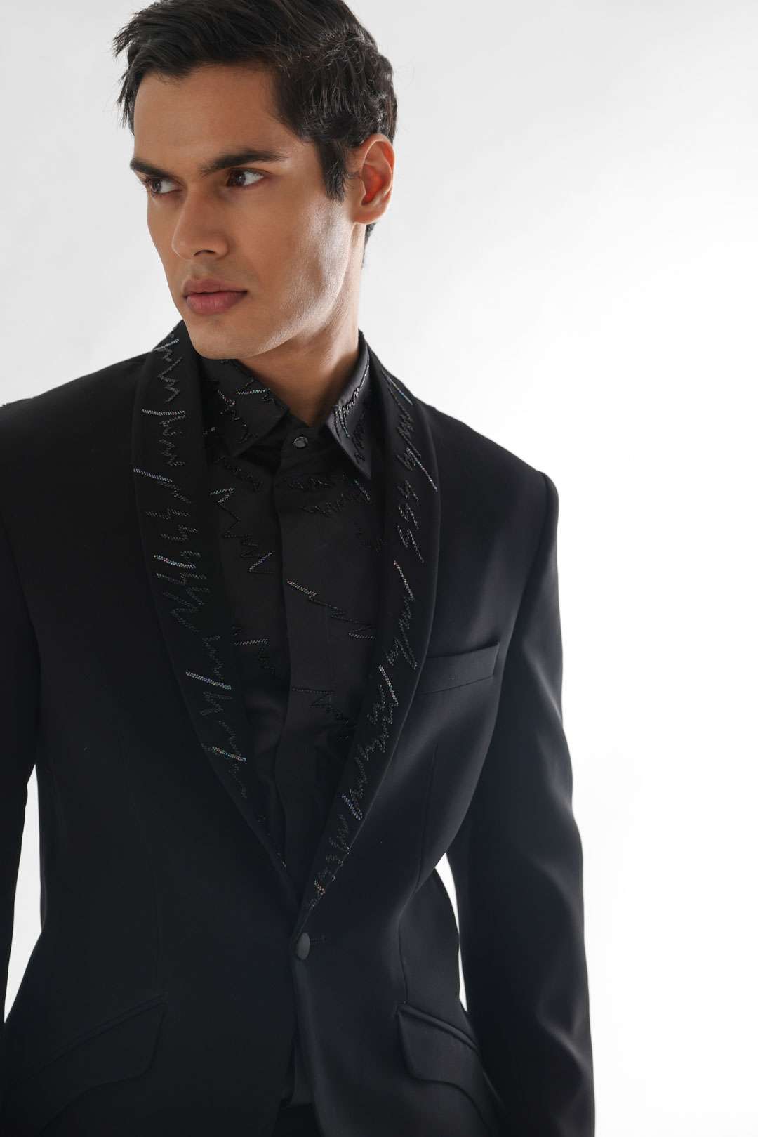 Jet Black Tuxedo Set With Contemporary Embroidery