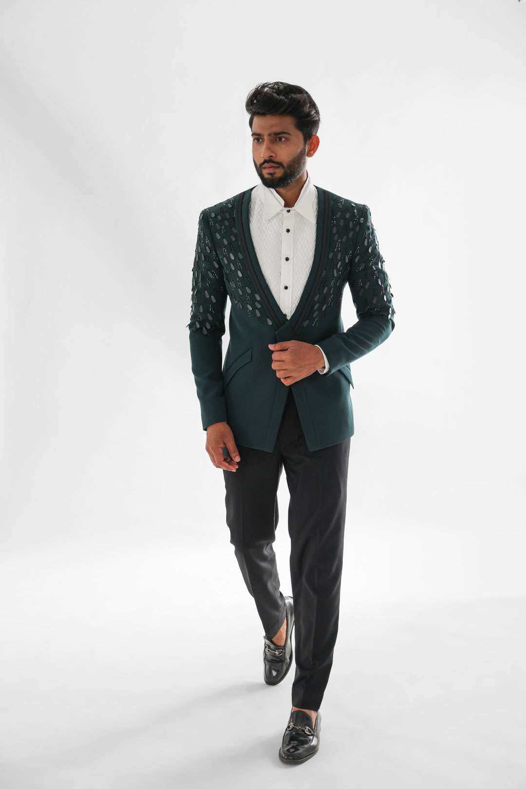 Forest Green Tuxedo Set With Embroidery