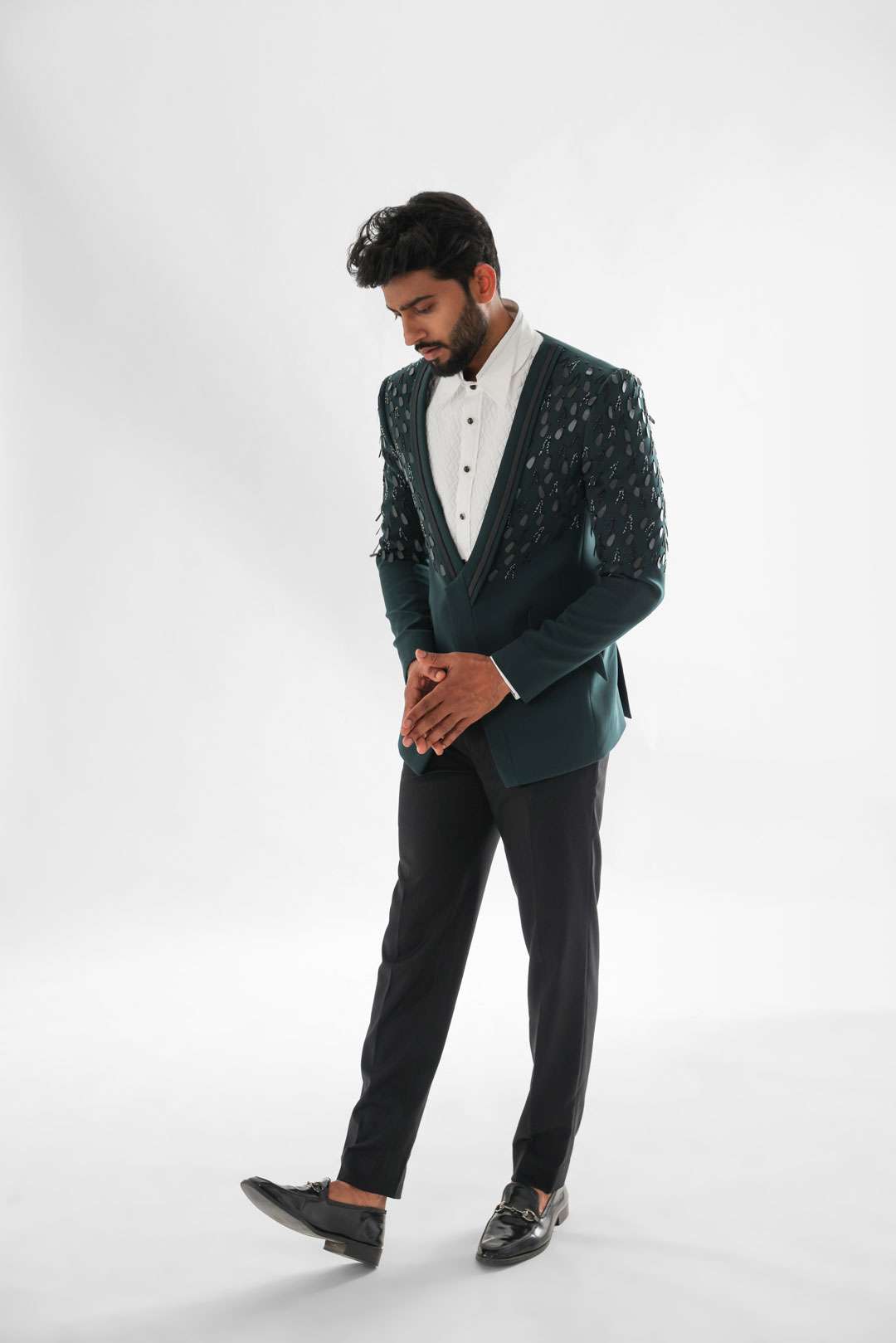 Forest Green Tuxedo Set With Embroidery