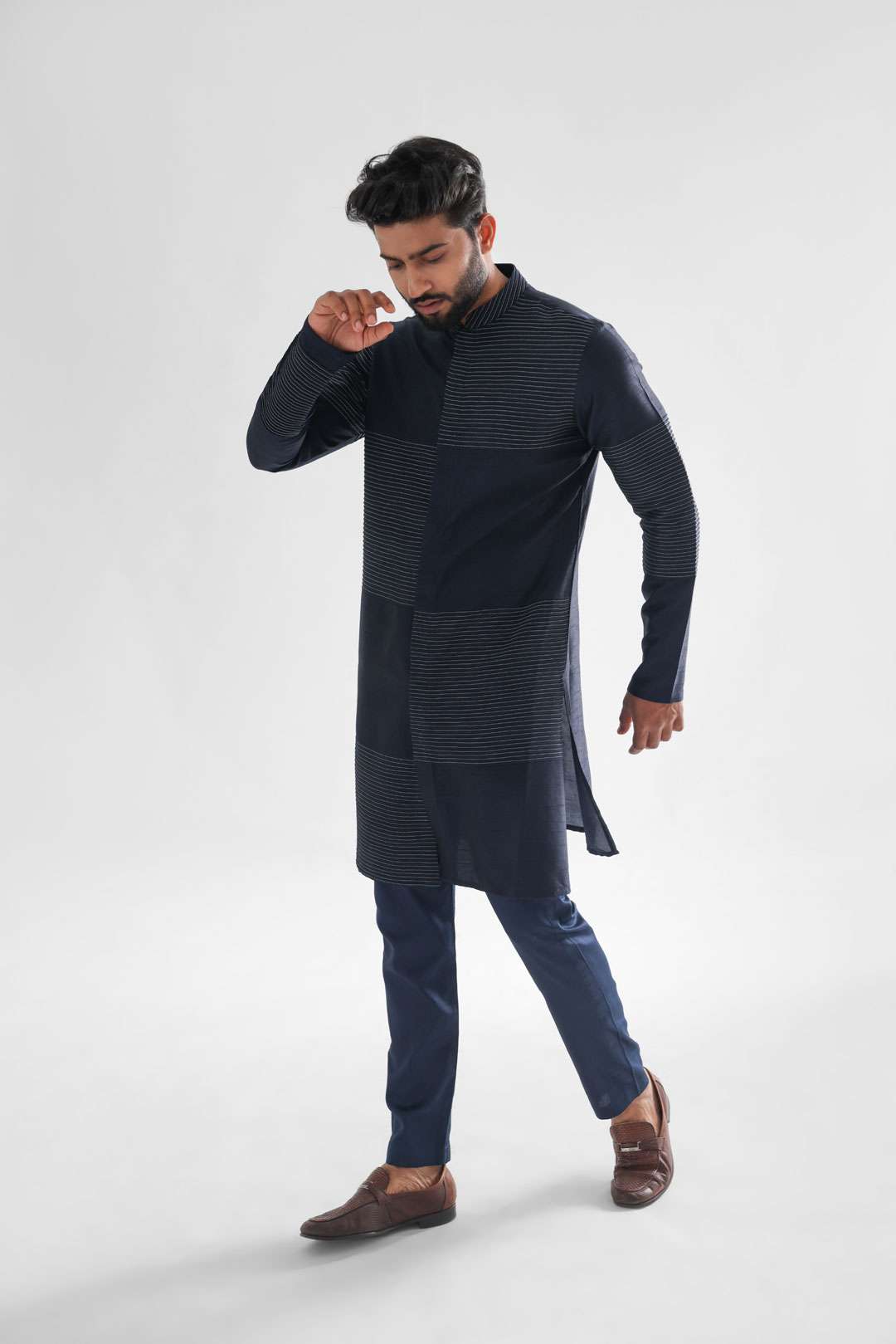 Checkered Pintucks With Stitchline Midnight Blue Kurta