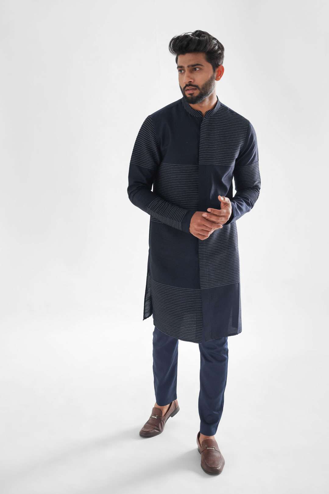 Checkered Pintucks With Stitchline Midnight Blue Kurta