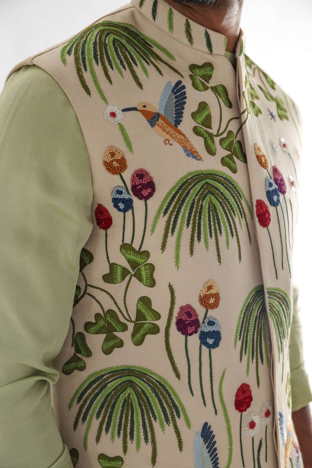 Woodpecker Cream Nehru Jacket Embroidered