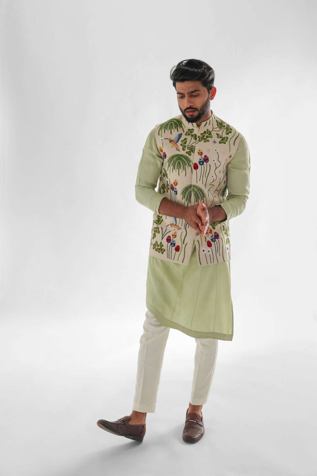 Woodpecker Cream Nehru Jacket Embroidered