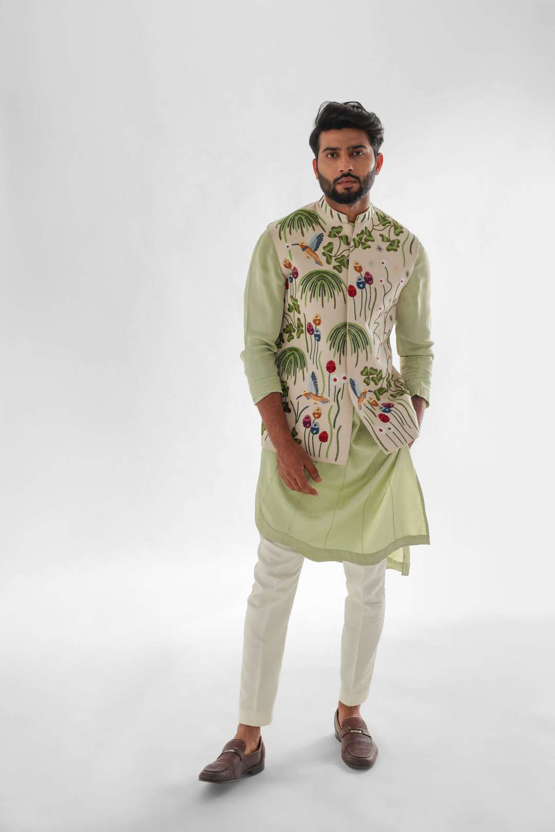 Woodpecker Cream Nehru Jacket Embroidered