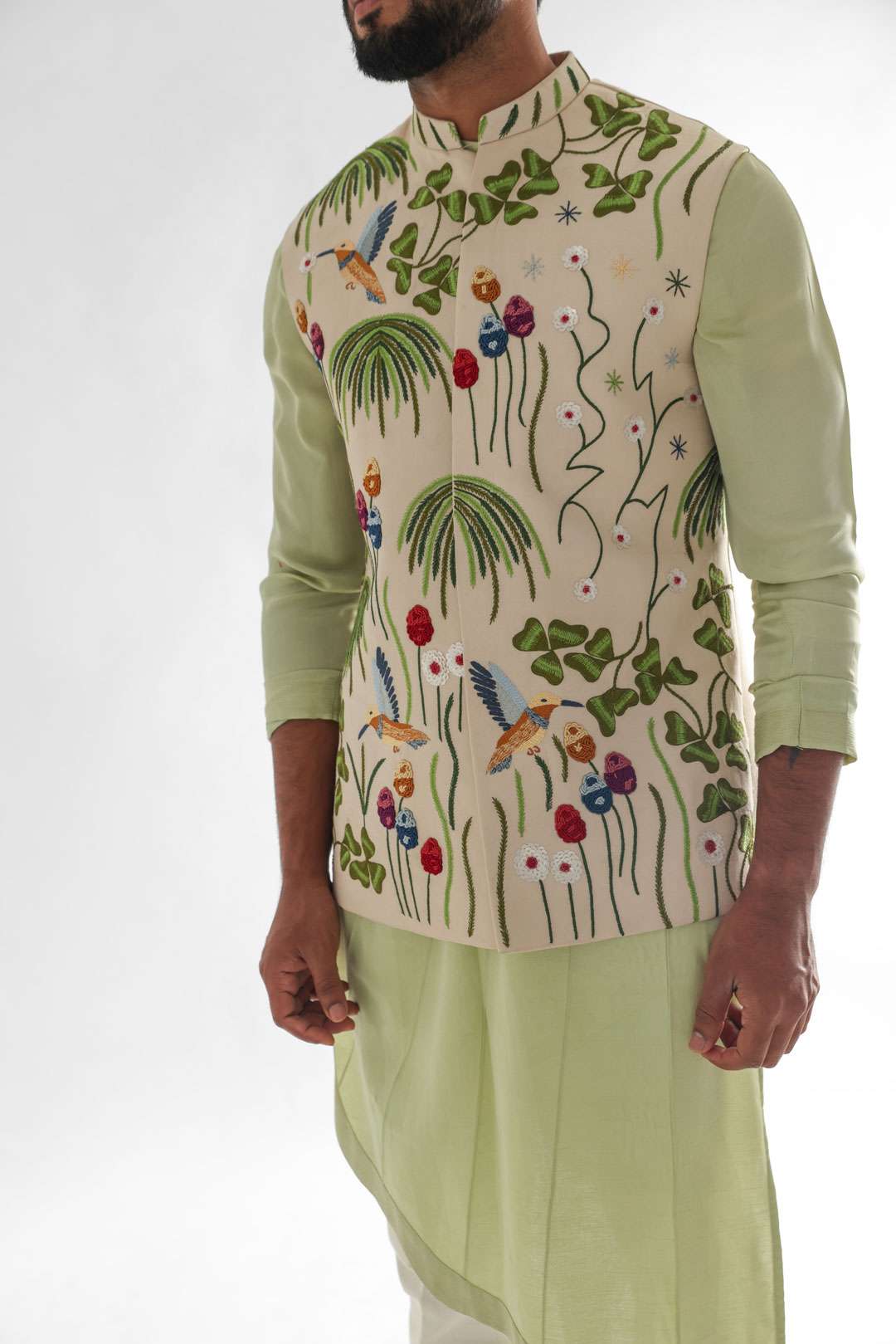 Woodpecker Cream Nehru Jacket Embroidered