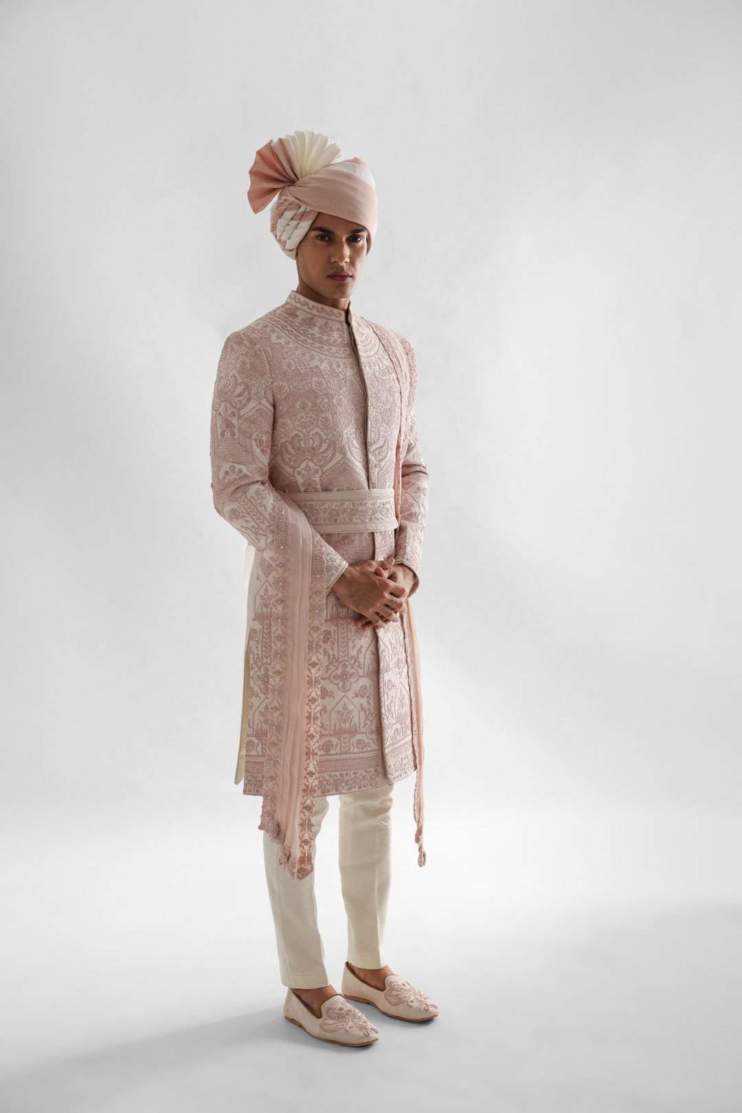 Powder Pink Sherwani Set With Intricate Threadwork