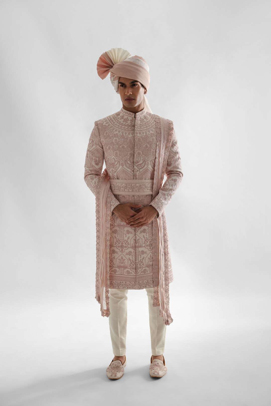 Powder Pink Sherwani Set With Intricate Threadwork