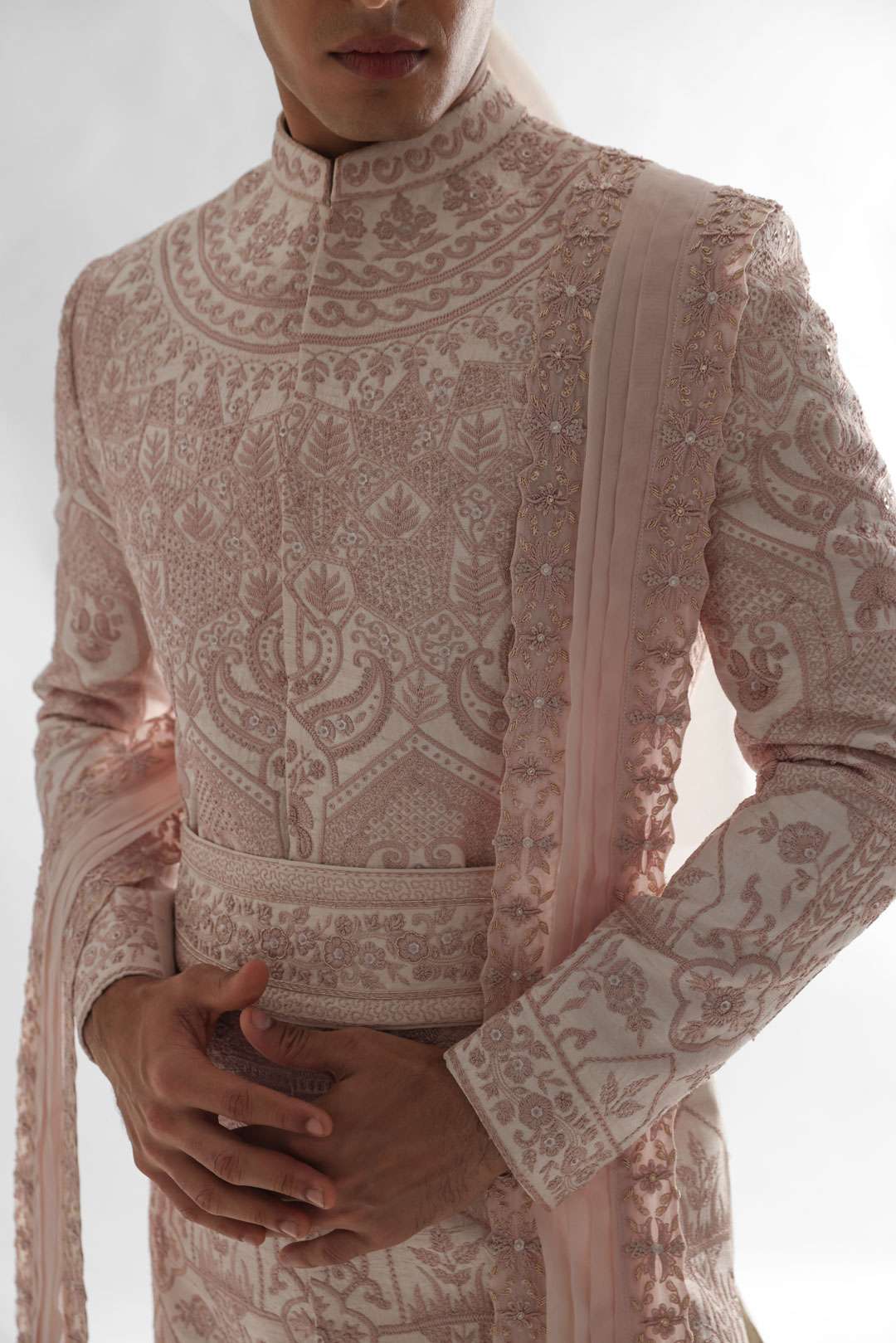 Powder Pink Sherwani Set With Intricate Threadwork