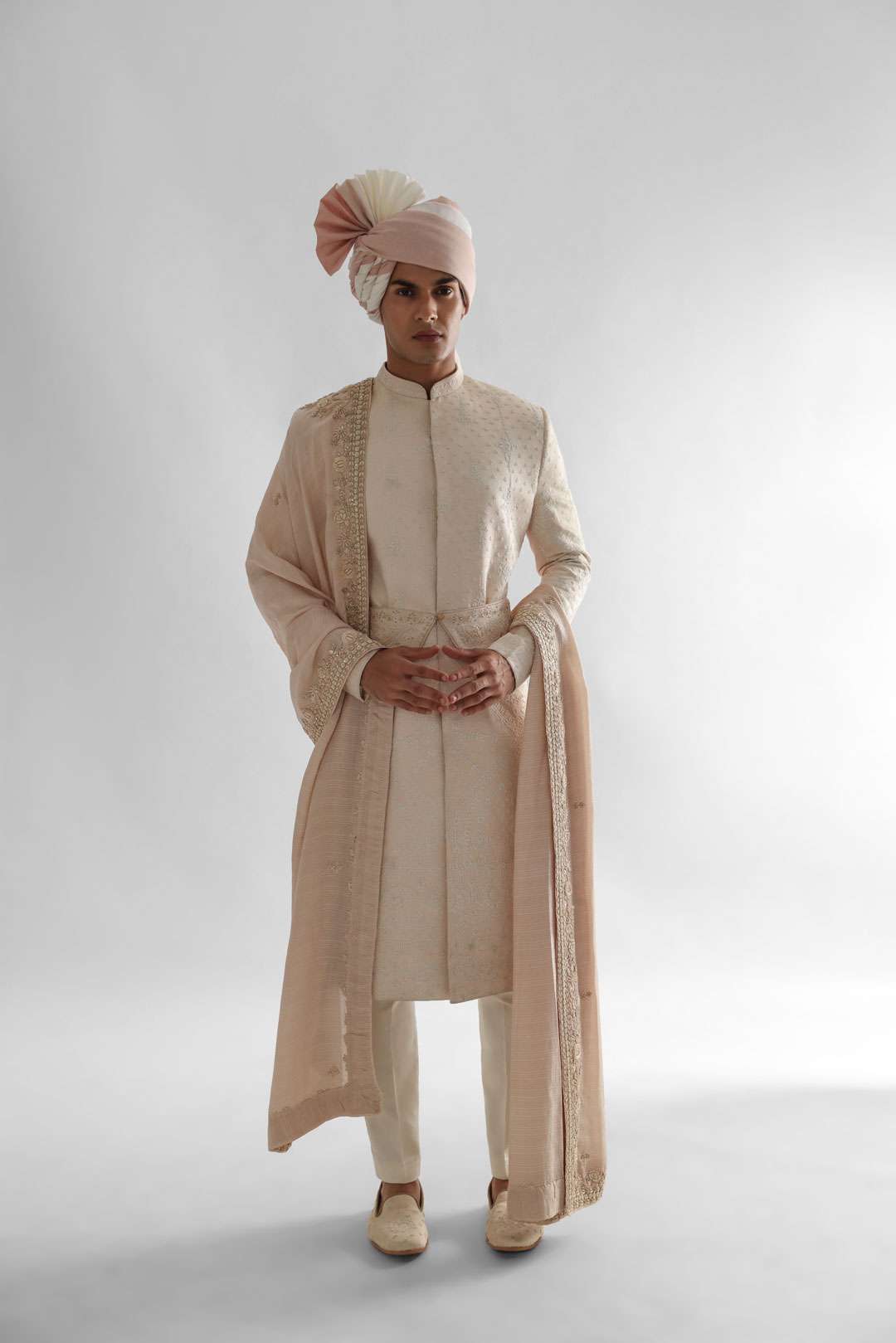 Peach Sherwani Set With Allover Dori Work Embroidery