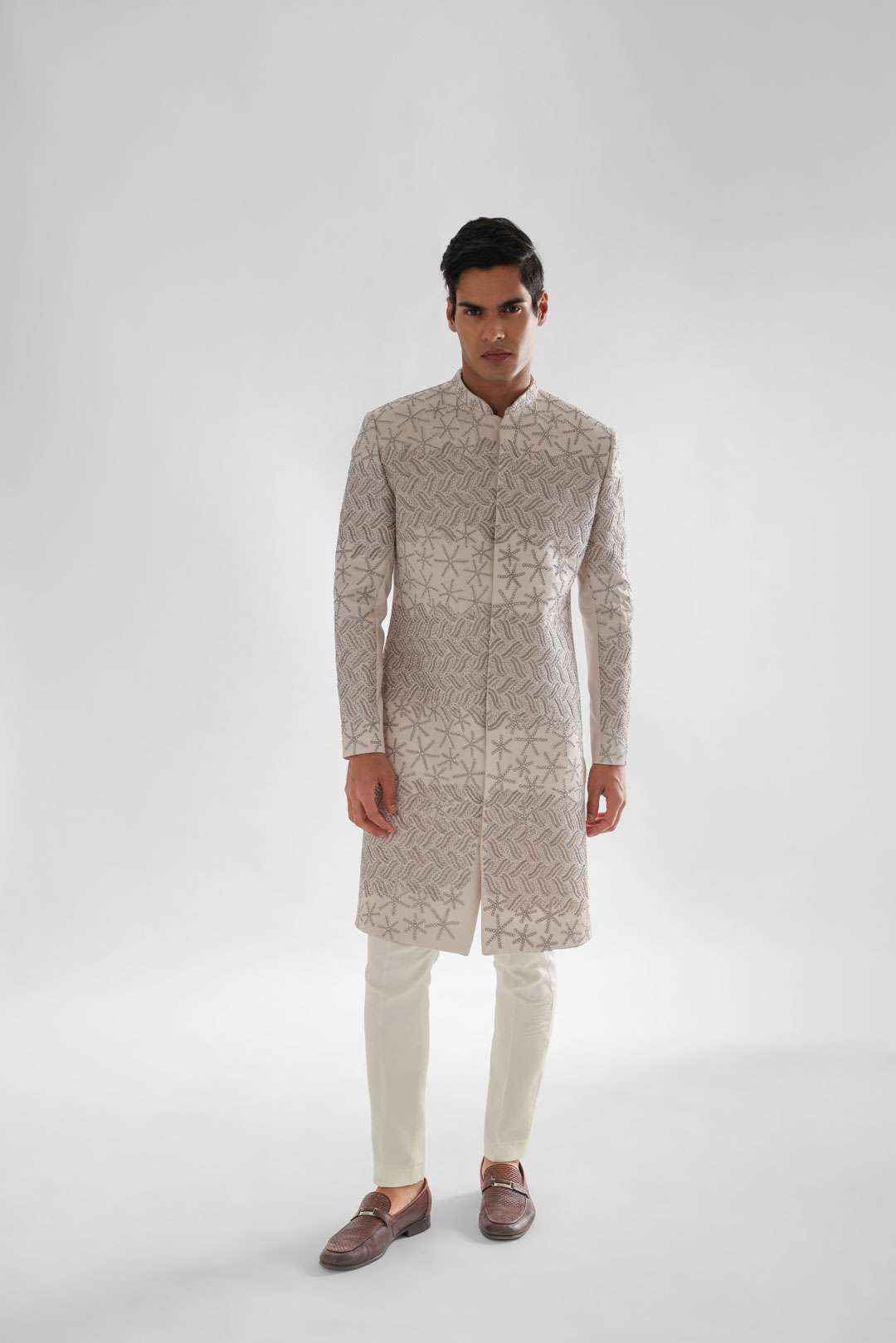 Peach Sherwani Set With Intricate Moti Maal Work